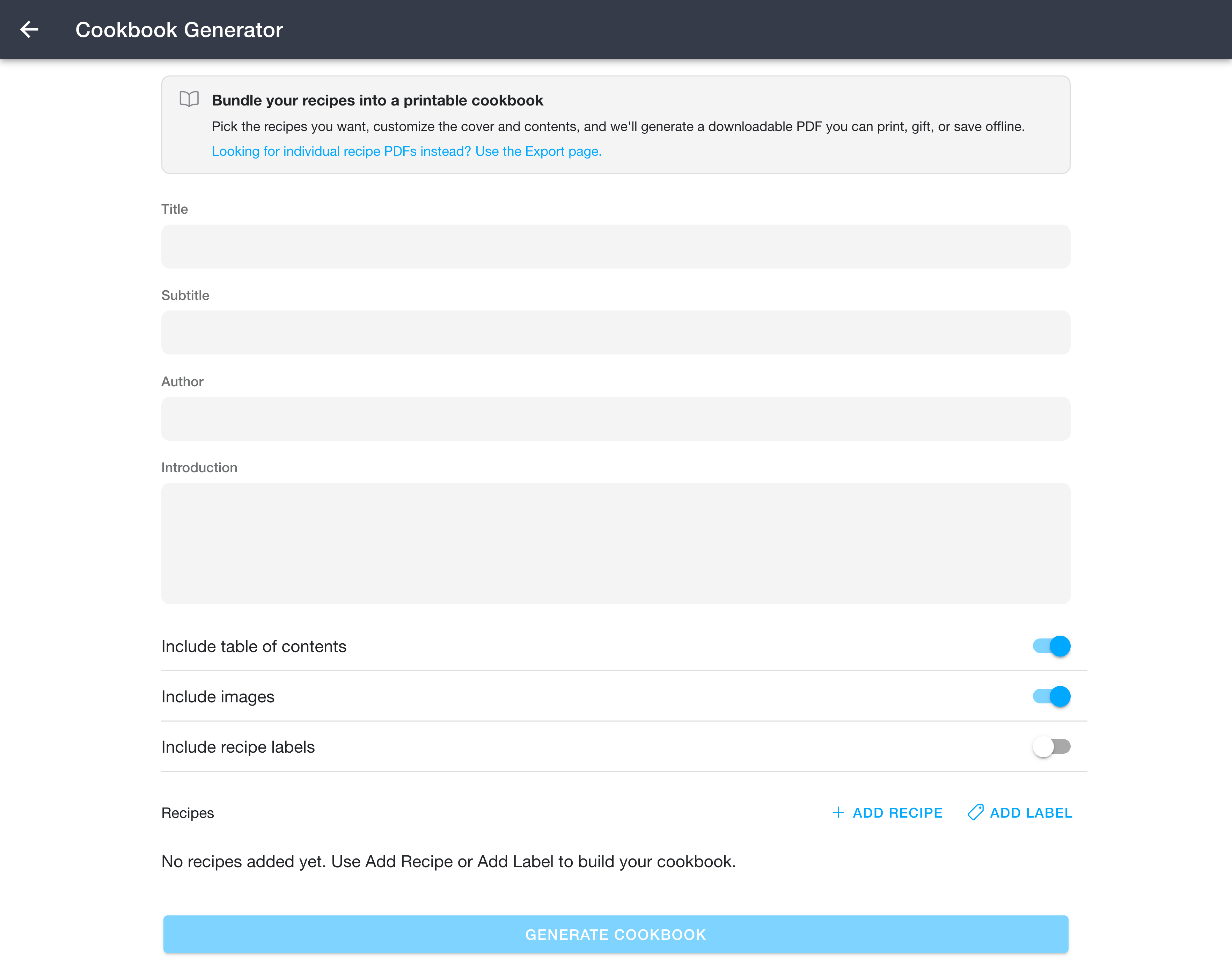 Cookbook Generator page with cover details and recipe list