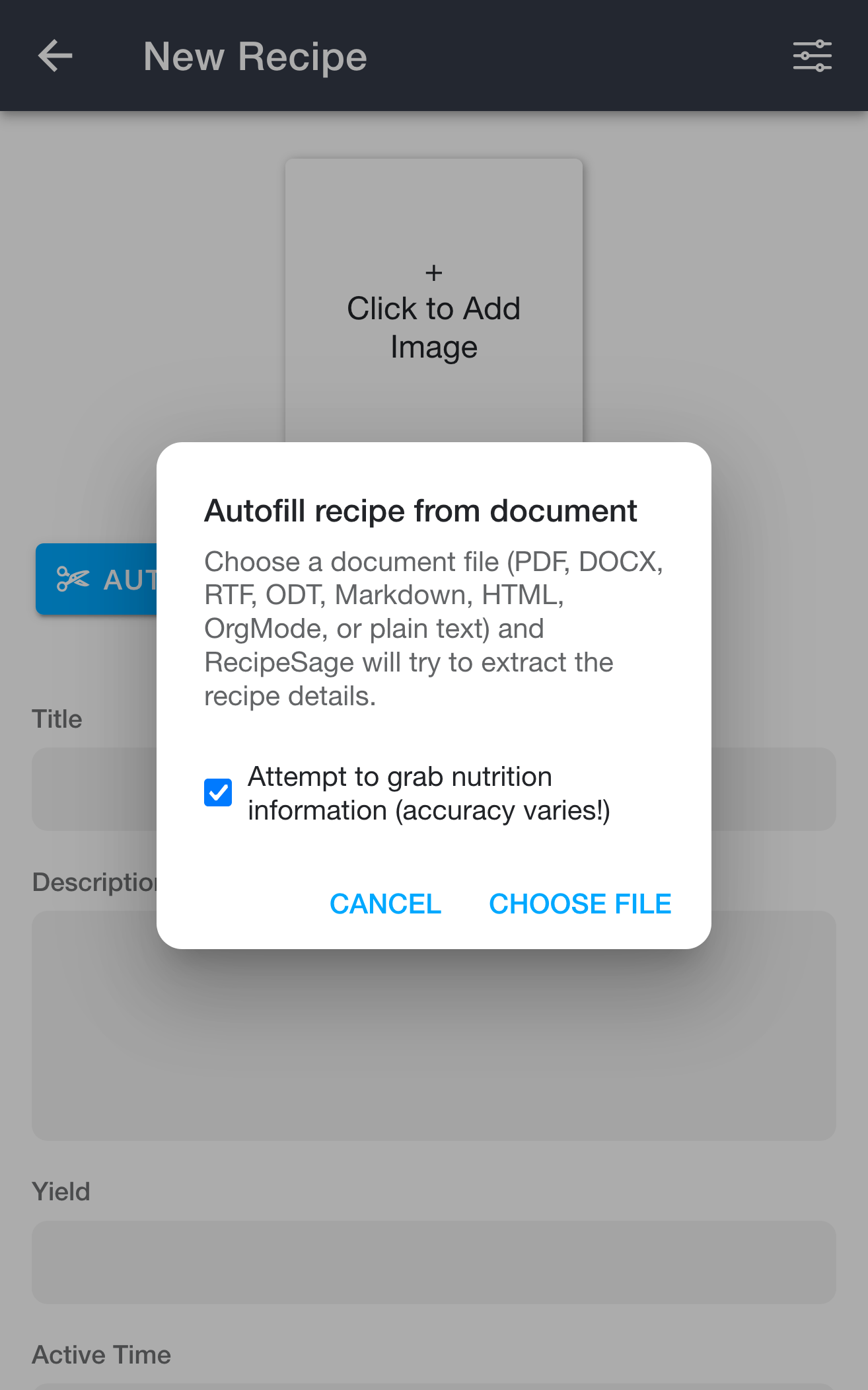 Autofill recipe from document dialog
