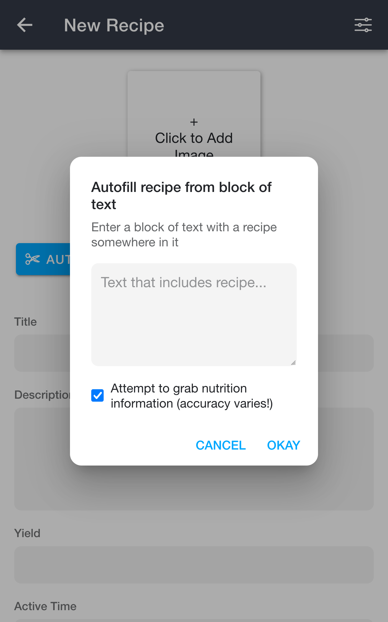Autofill recipe from text dialog