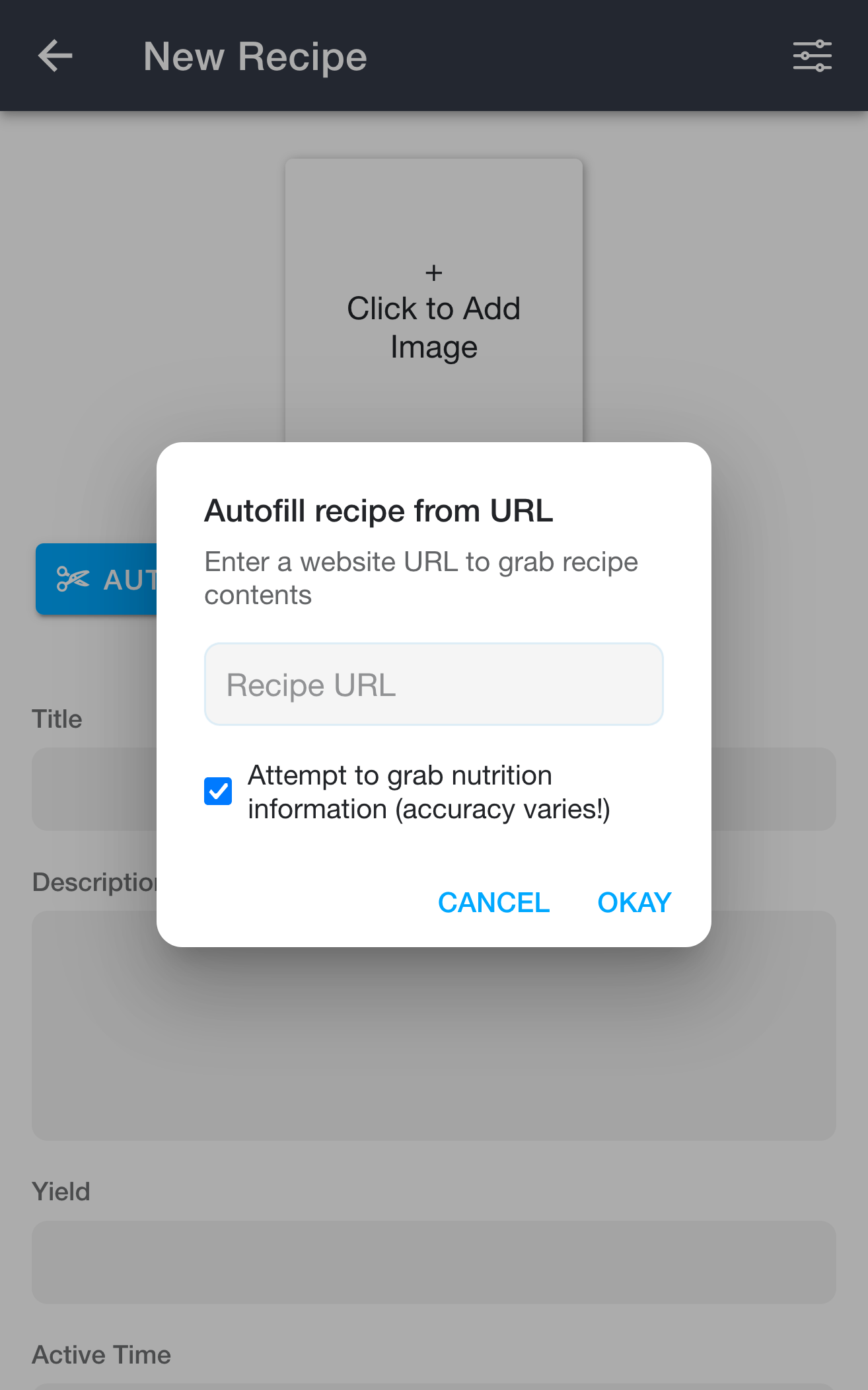 Autofill recipe from URL dialog