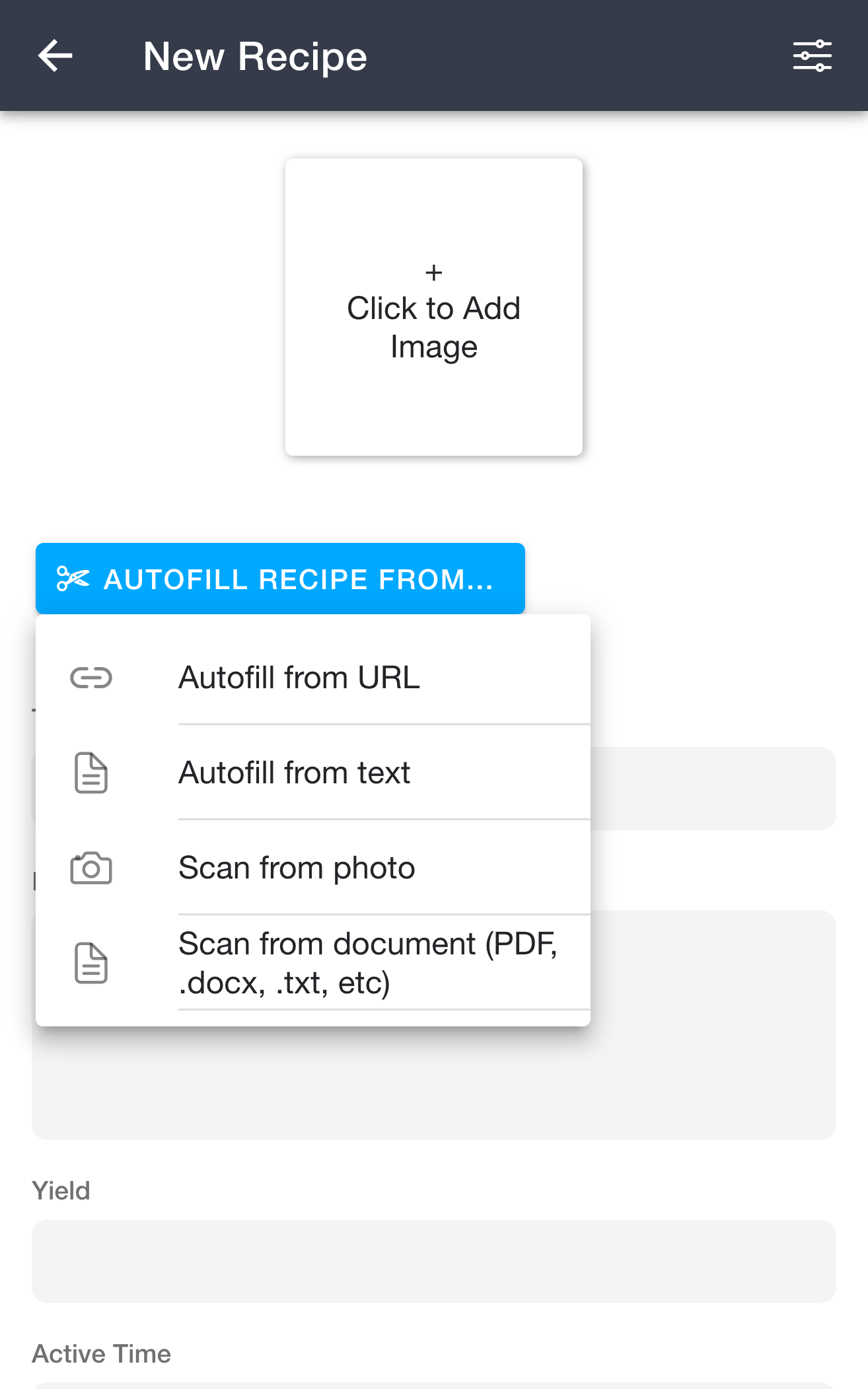 Autofill recipe source menu