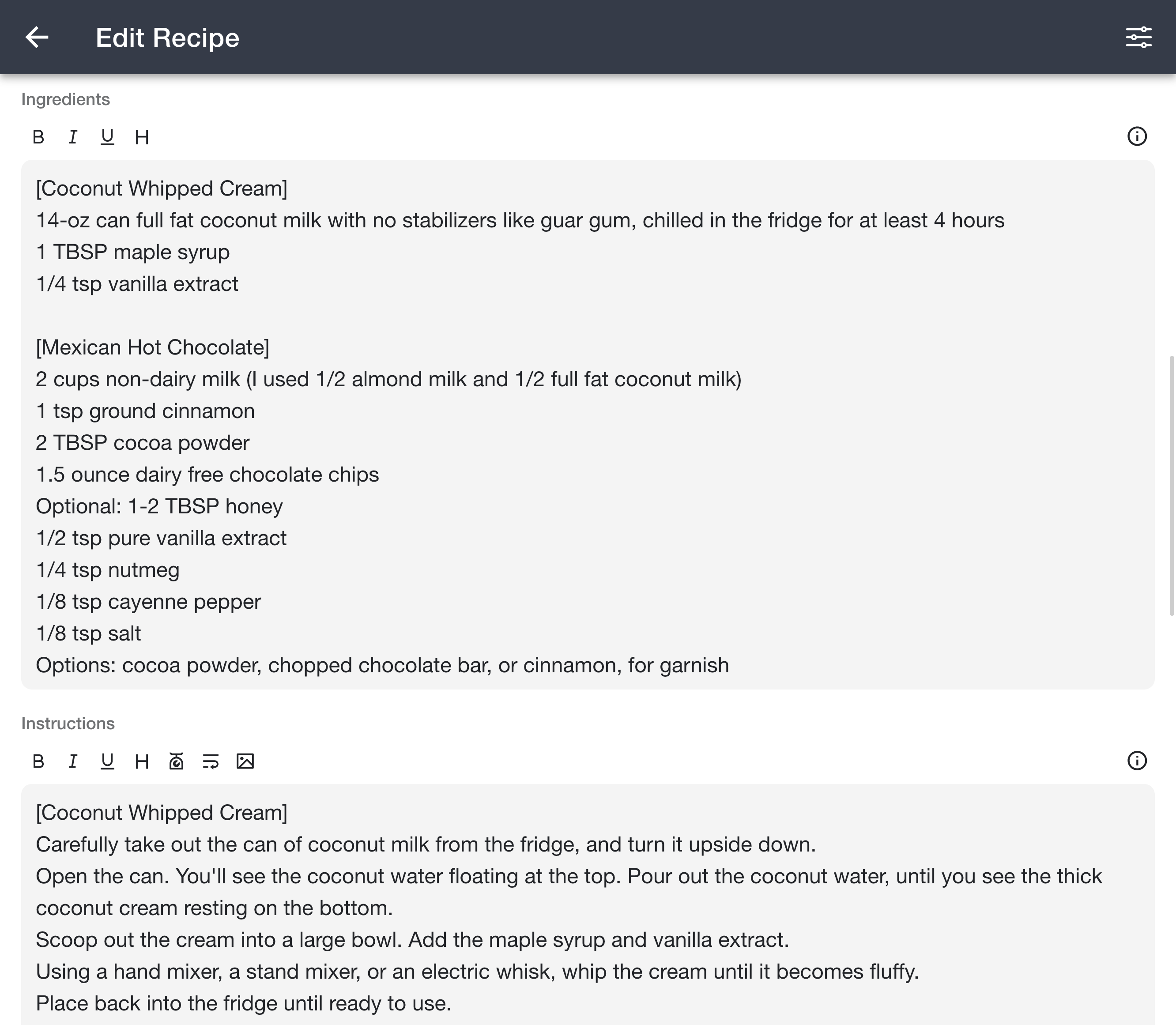Ingredients and instructions fields with formatting toolbars