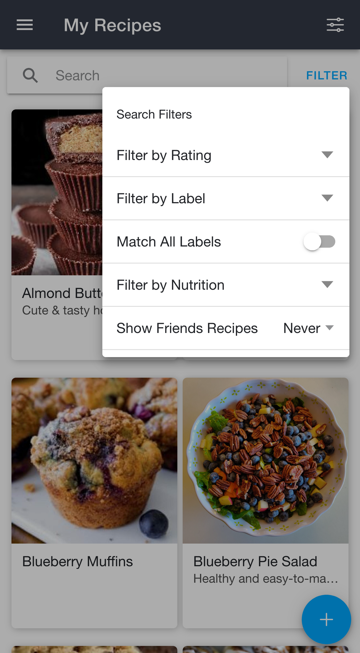 Recipe list filter options