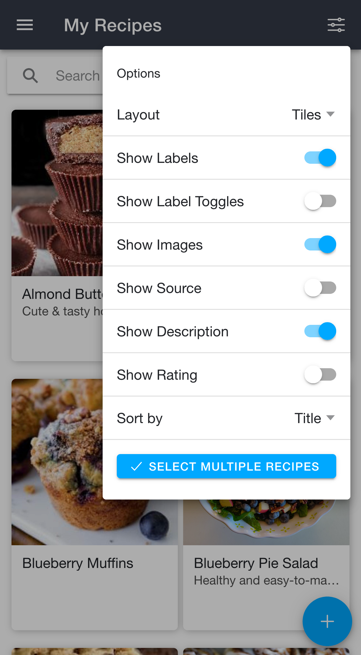 Recipe list options menu