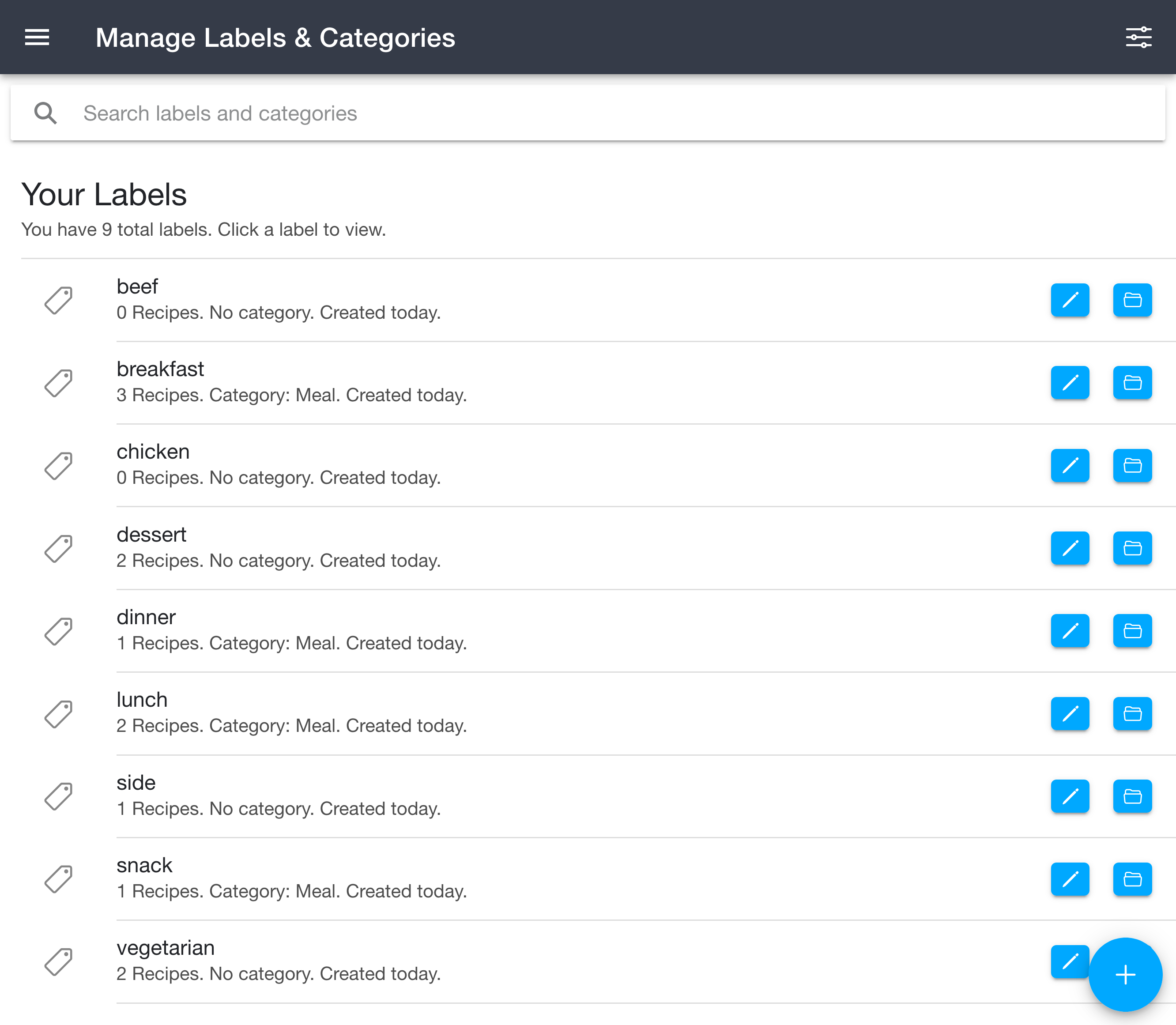 Manage Labels & Categories page listing all labels