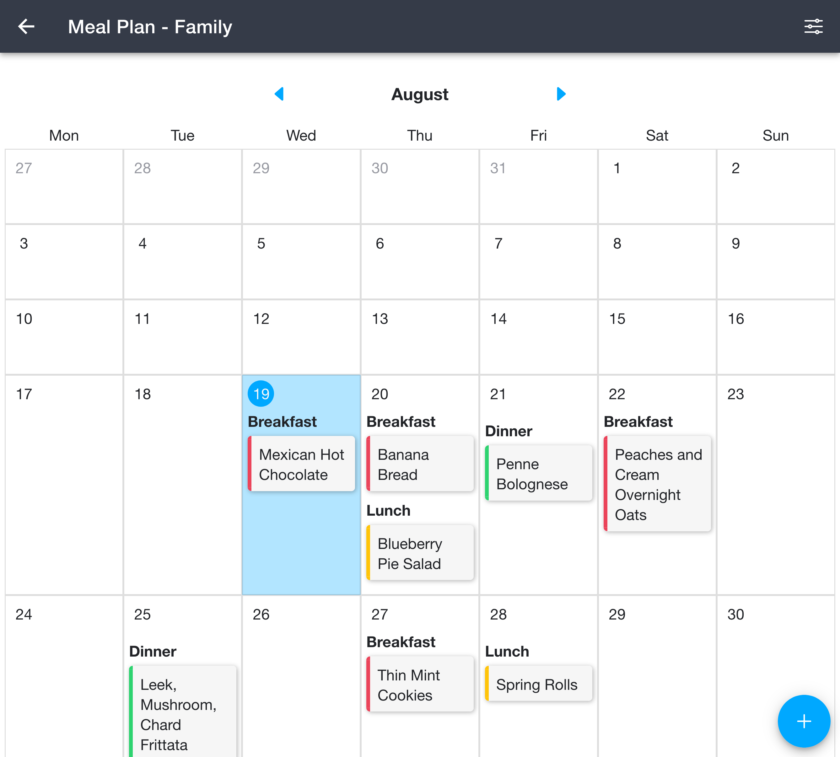Meal plan calendar view on a large screen