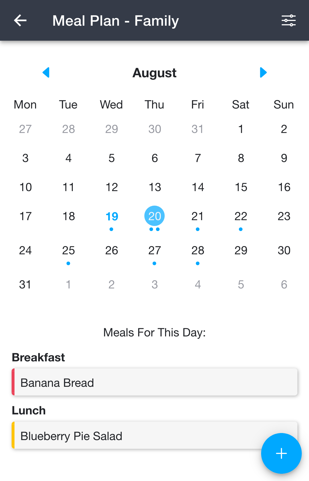 Meal plan calendar view on mobile