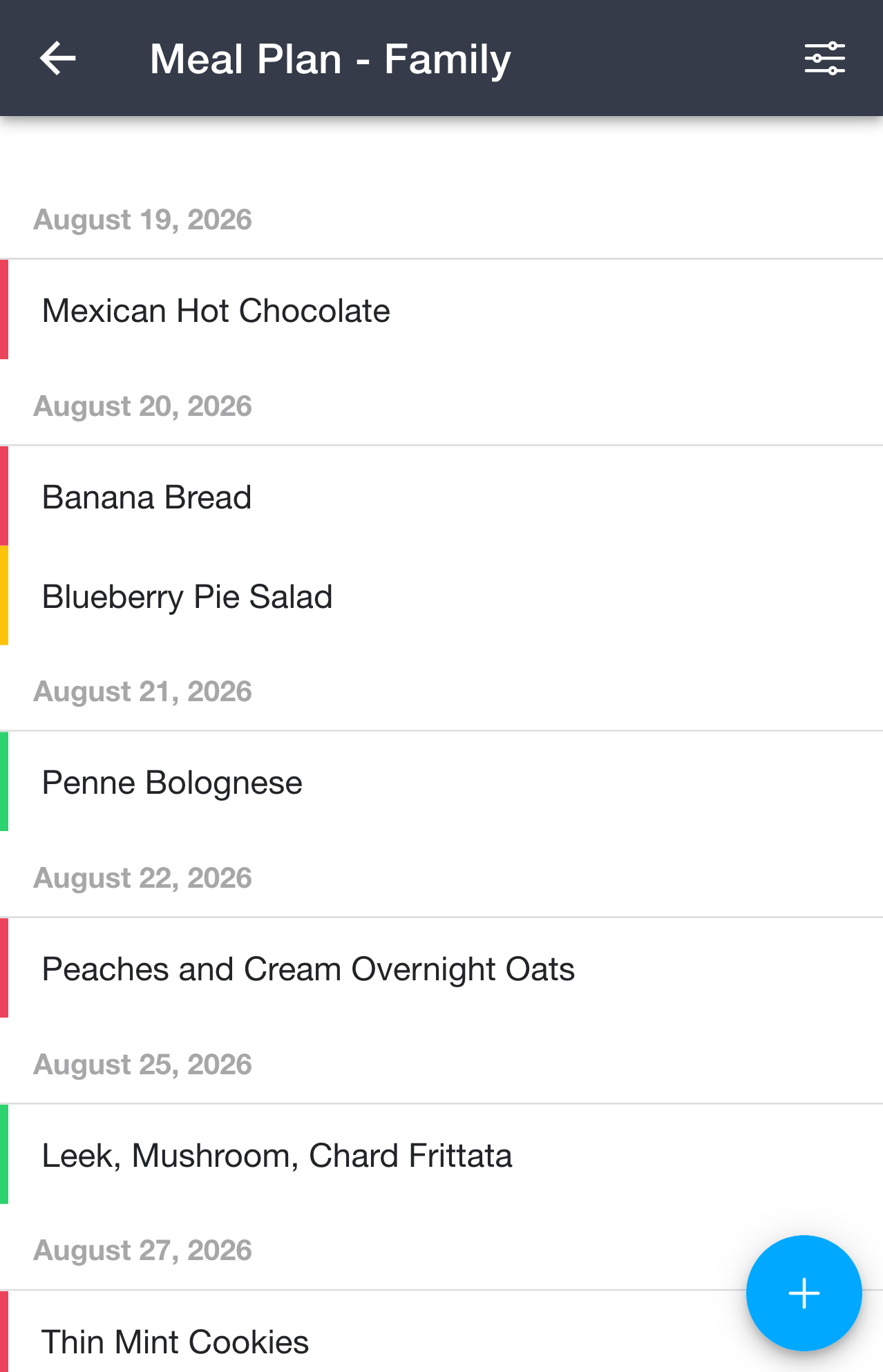 Meal plan list view grouped by date