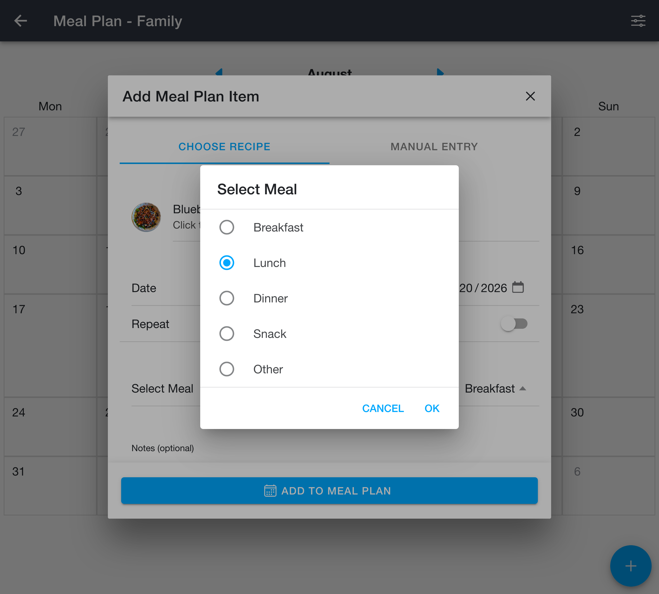 Selecting the meal for a meal plan item