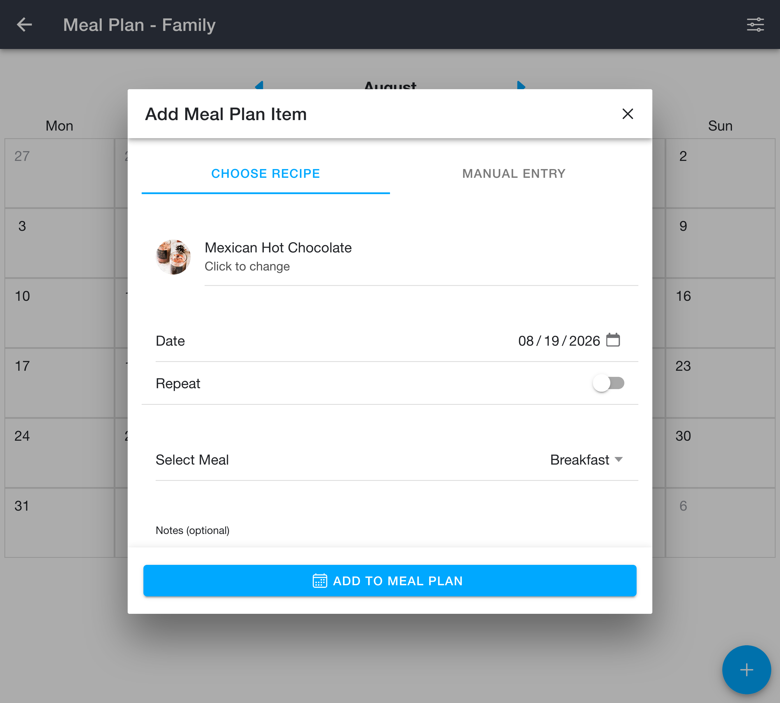 Add Meal Plan Item dialog with the choose recipe tab selected