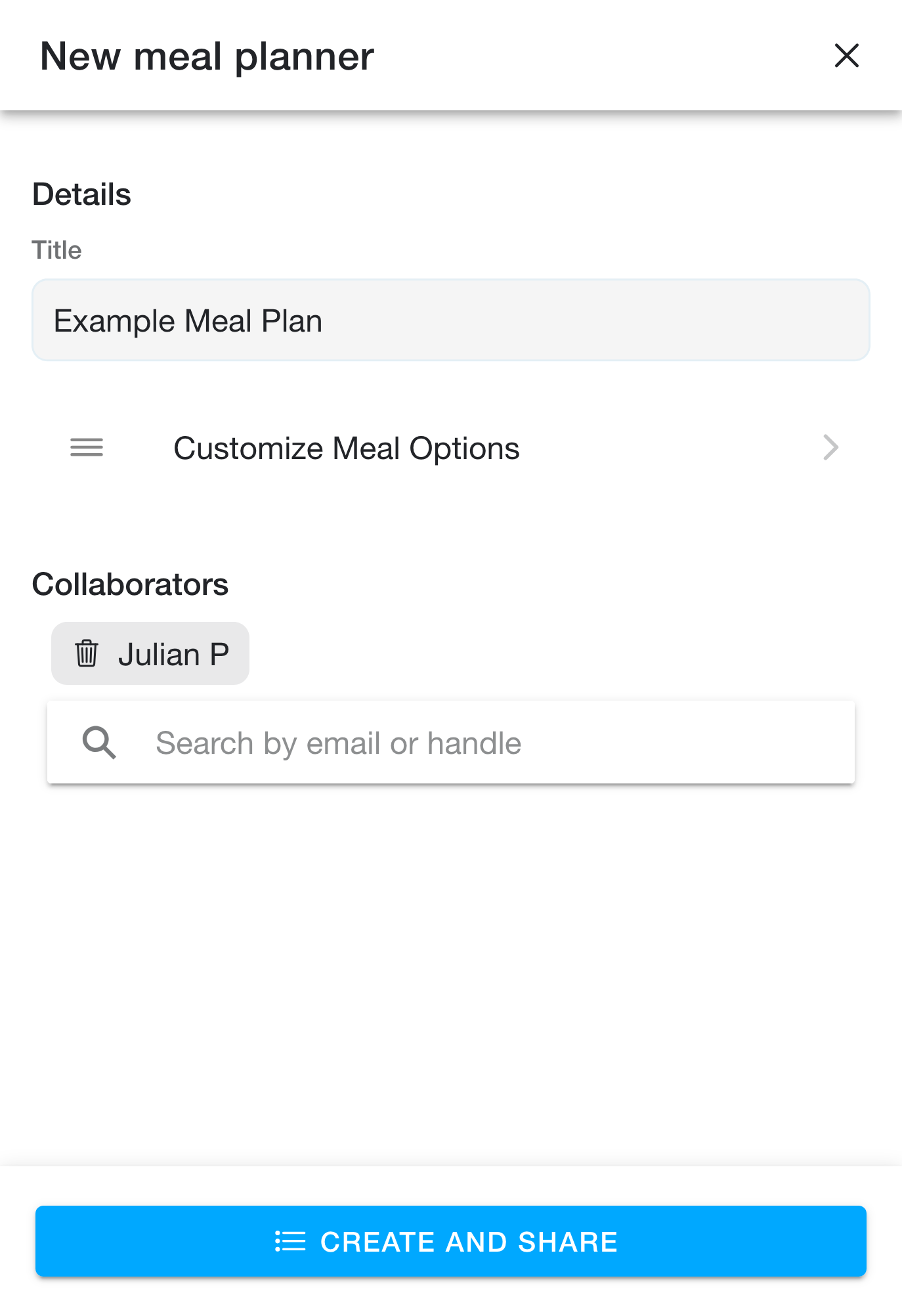 New meal planner dialog with title and collaborators