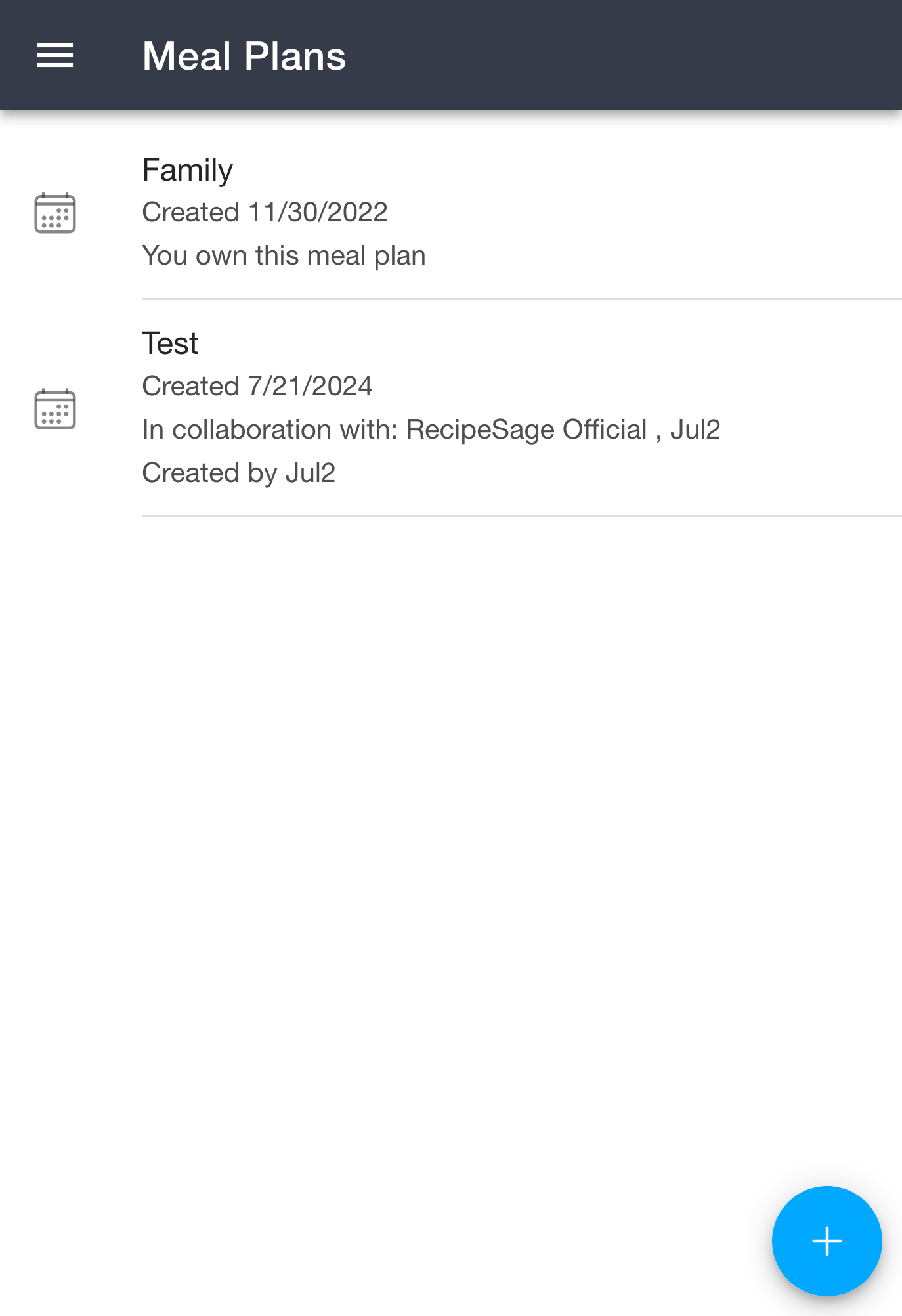 Meal Plans page listing your meal plans