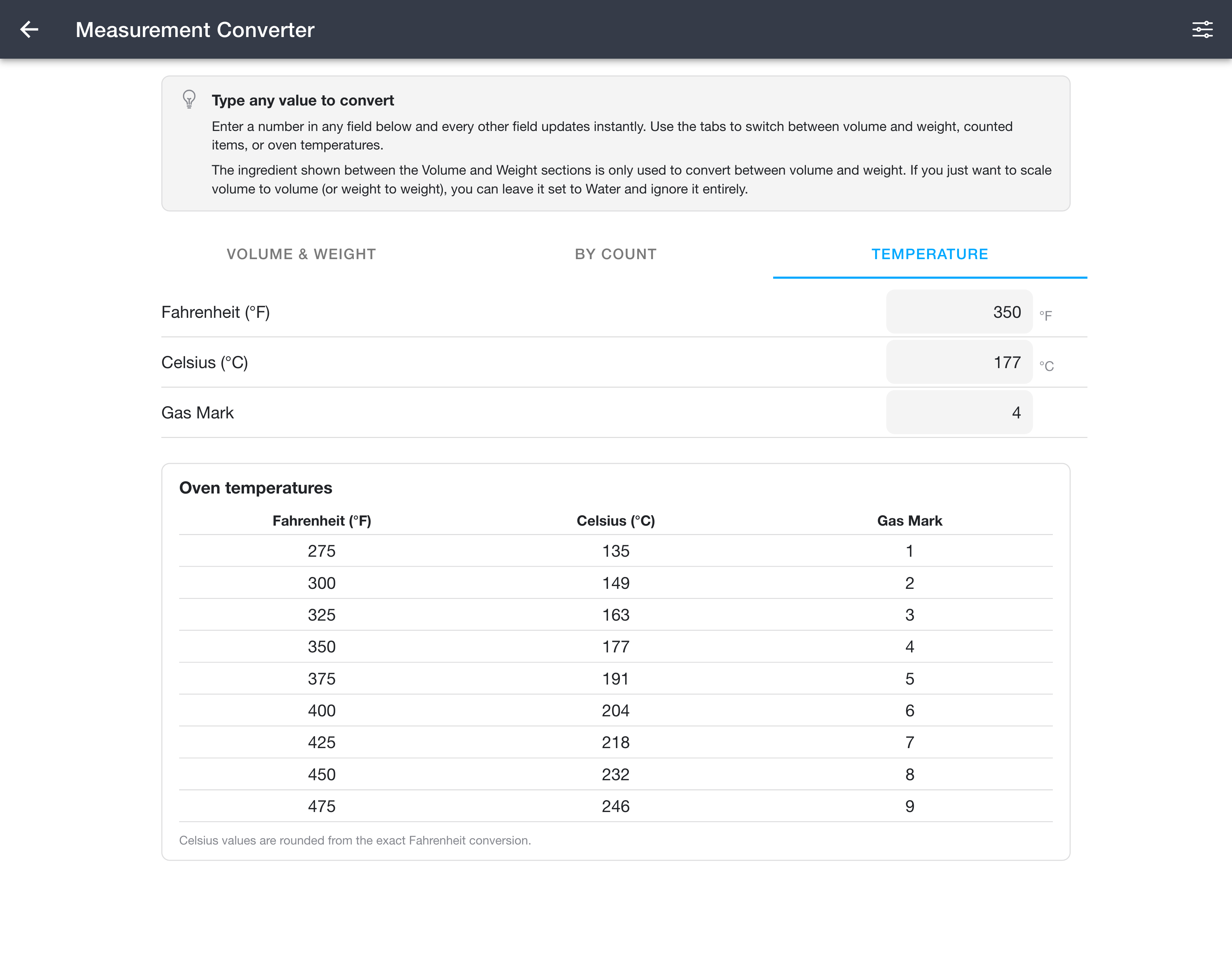 Measurement Converter in Temperature mode with an oven temperature reference table