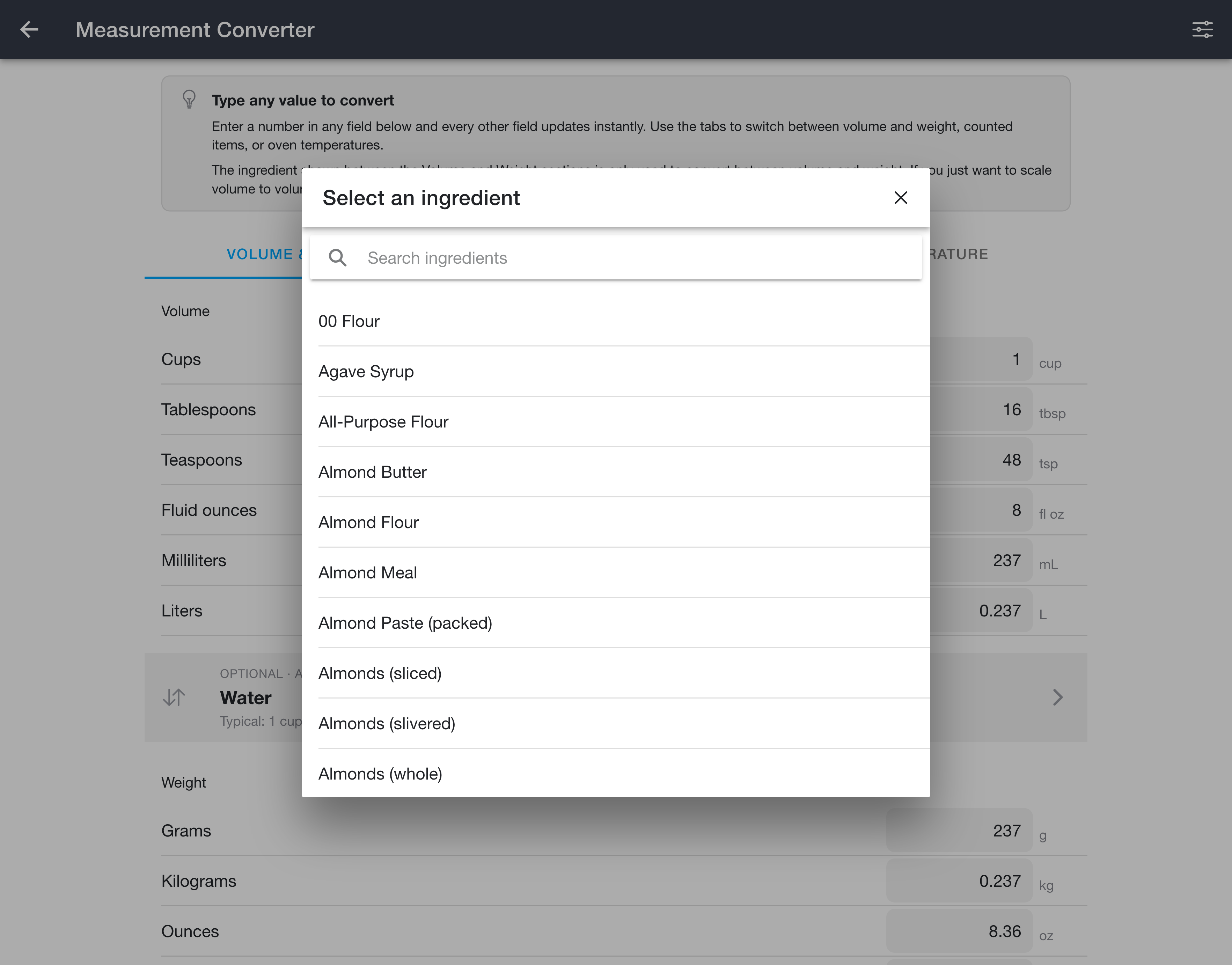 Selecting an ingredient in the Measurement Converter