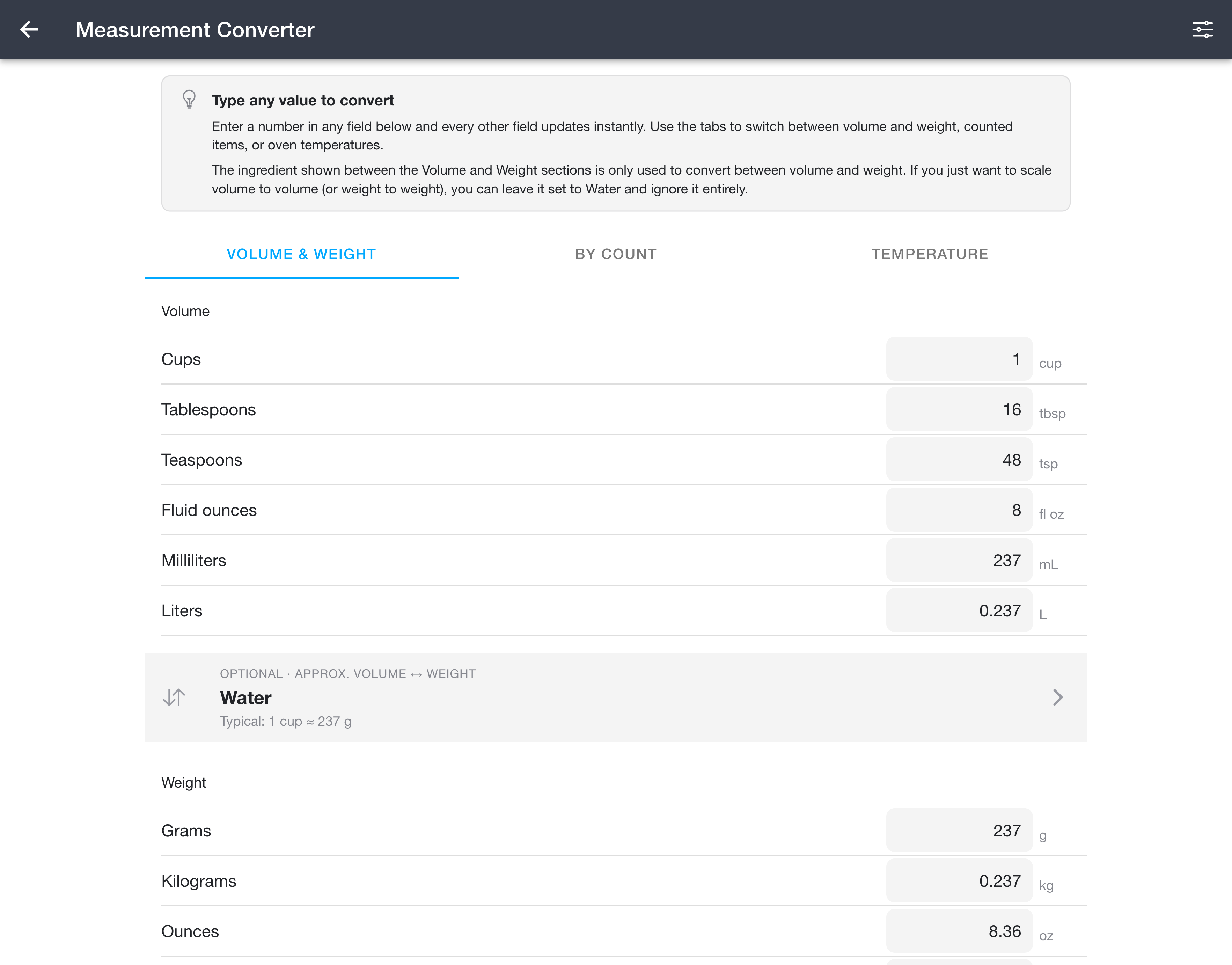 Measurement Converter in Volume and Weight mode