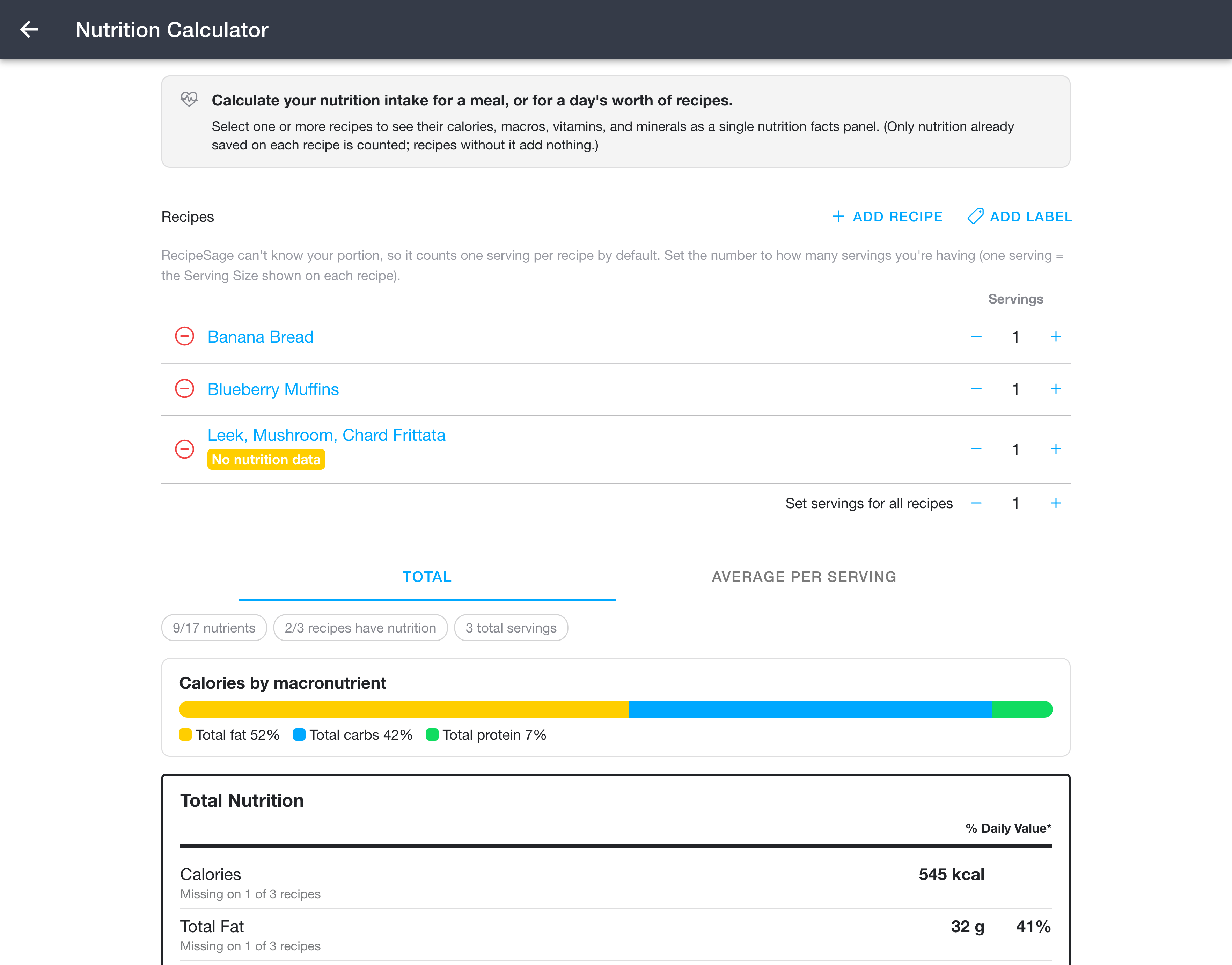 Nutrition Calculator with a list of recipes and combined nutrition summary