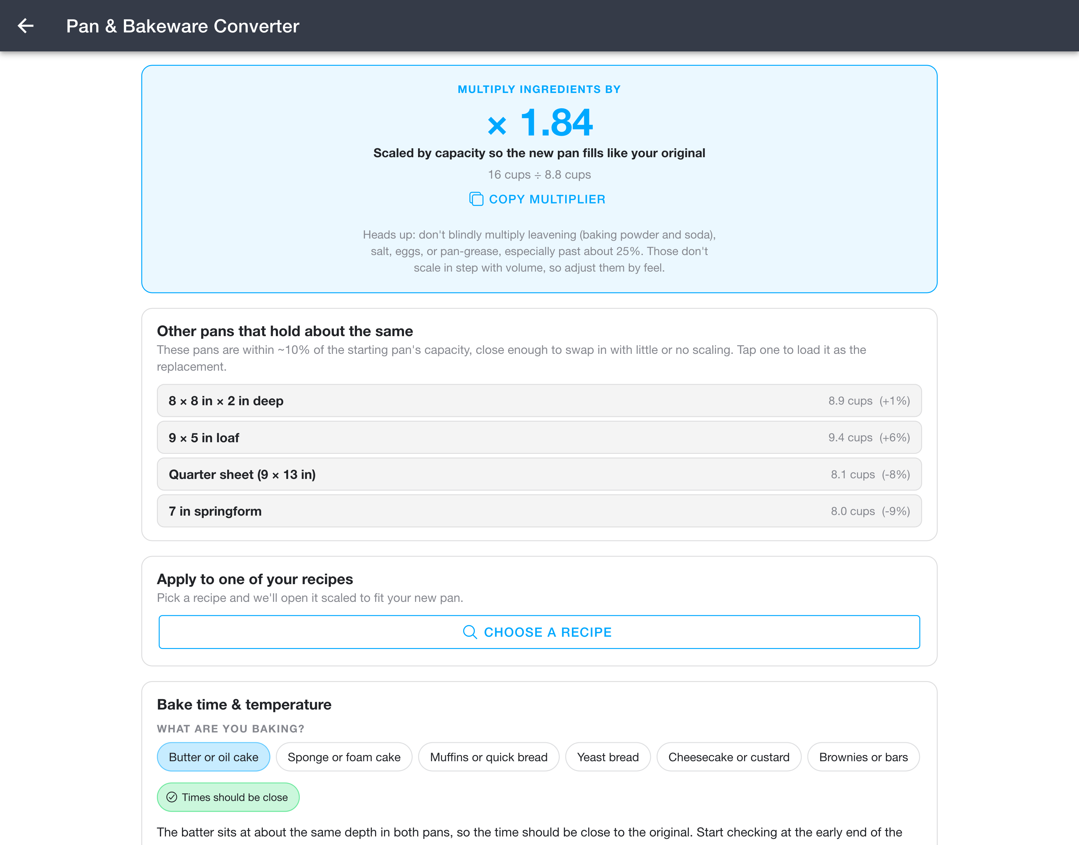 Pan converter multiplier result, similar pans list, and bake time section