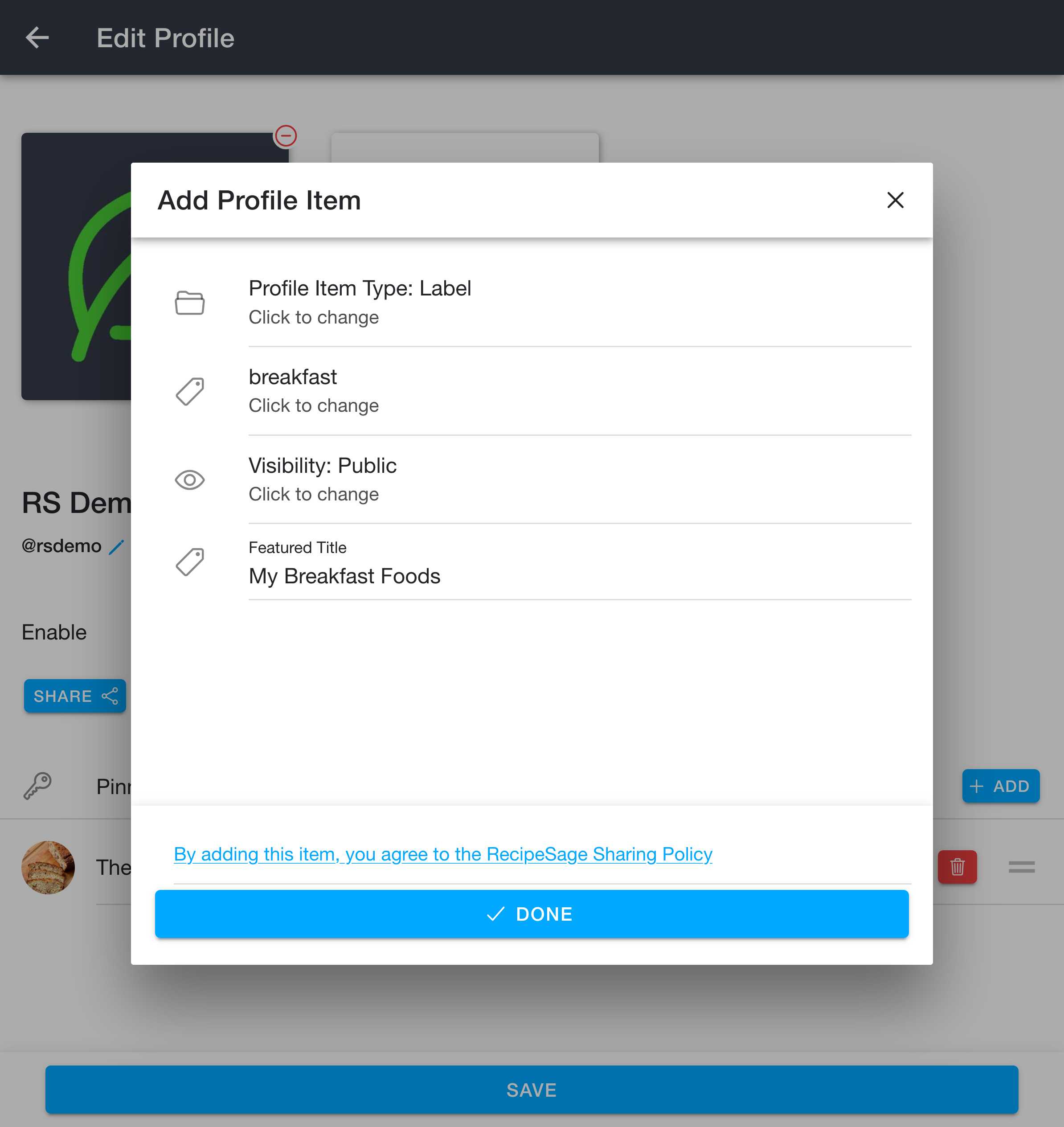 Add profile item for a label
