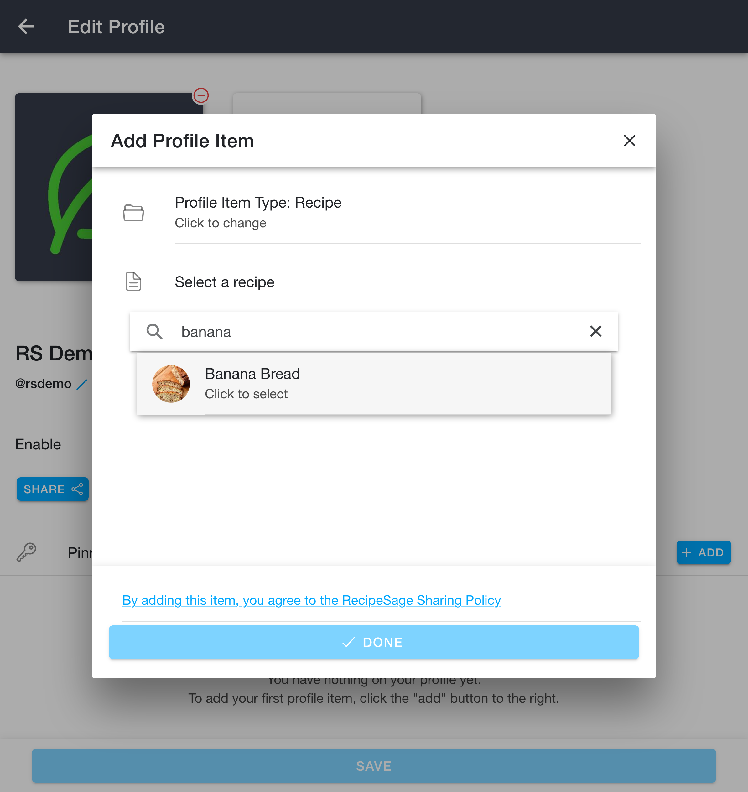 Add profile item, selecting a recipe