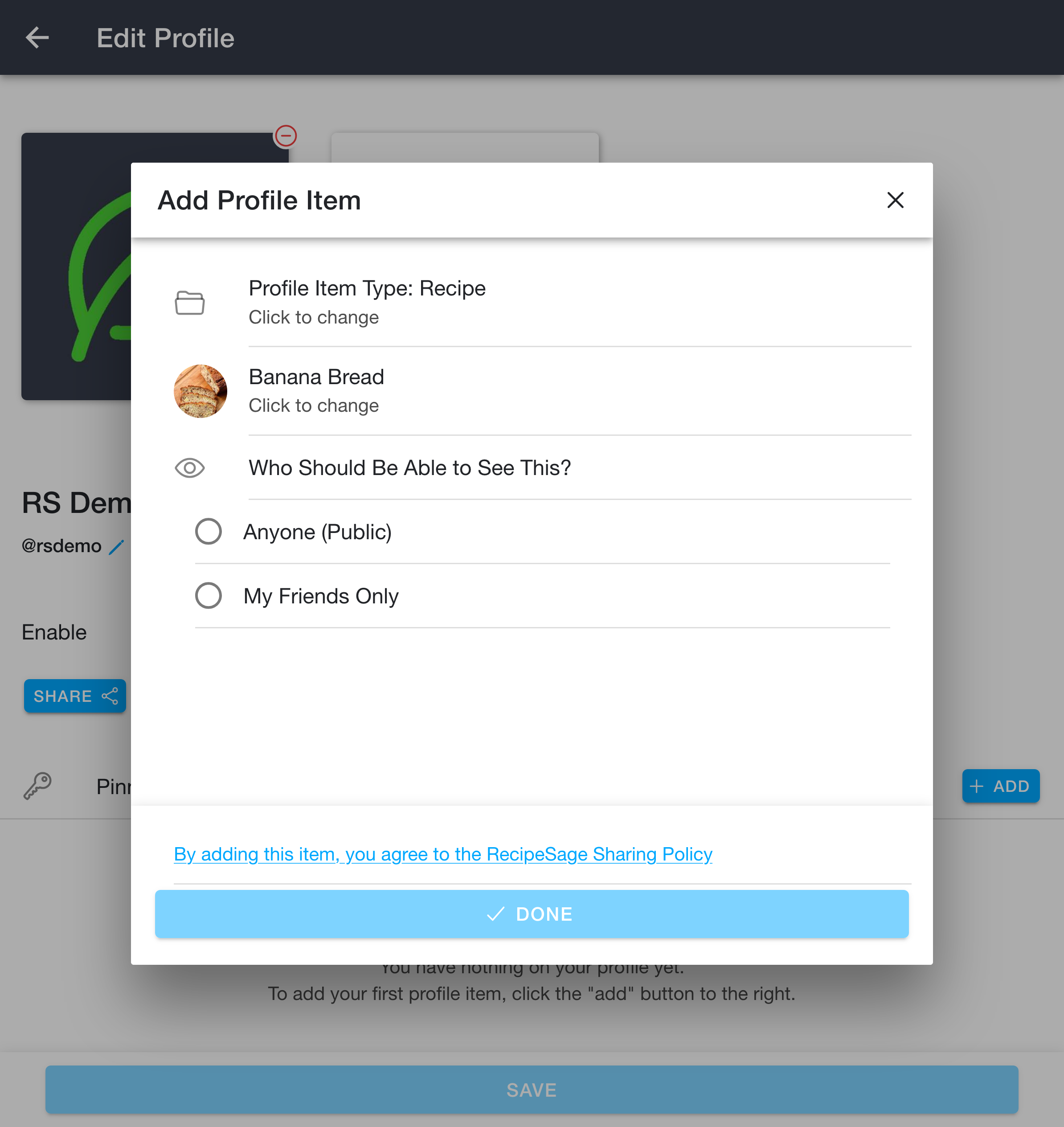 Add profile item, choosing visibility