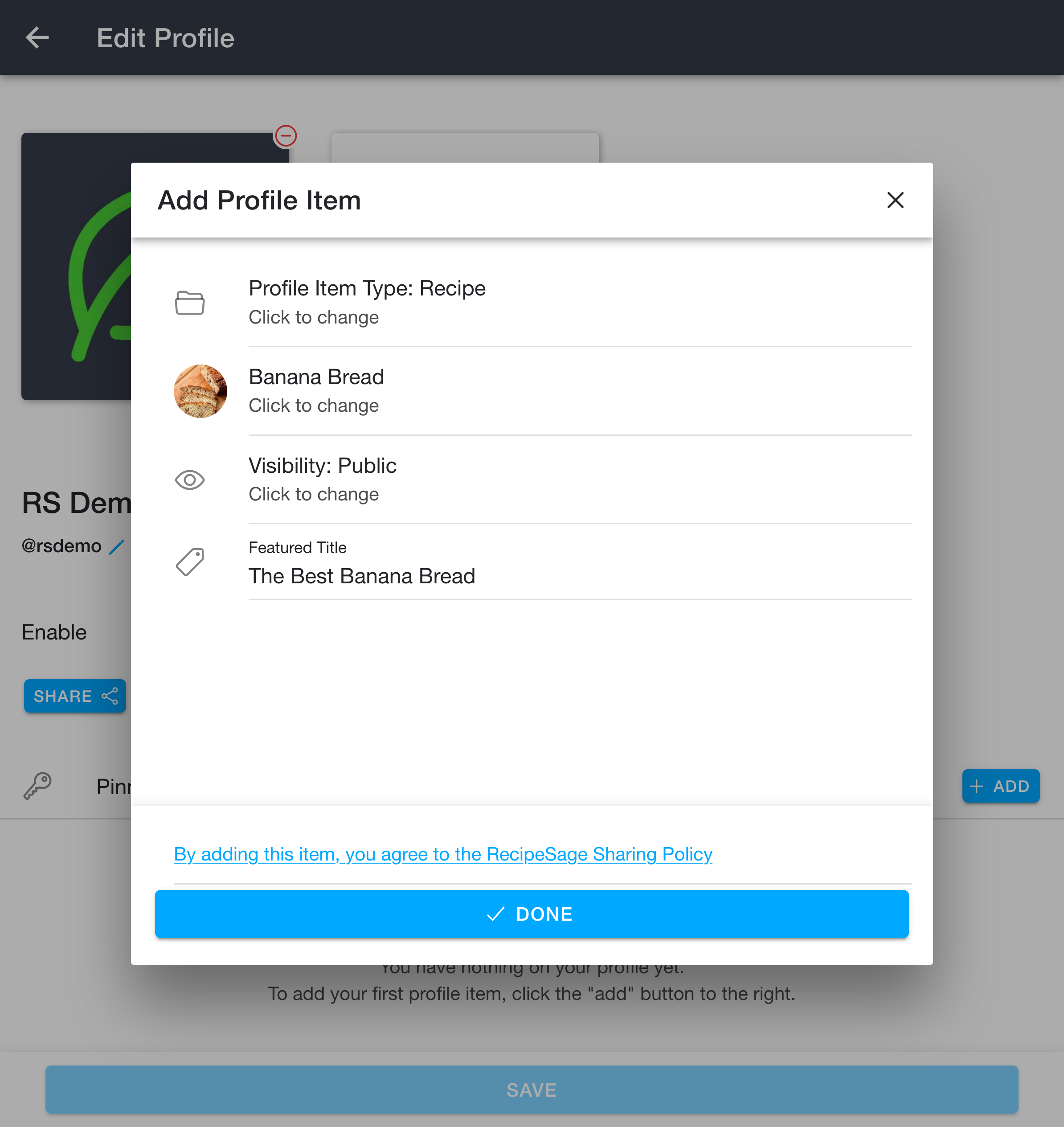 Add profile item, setting a featured title