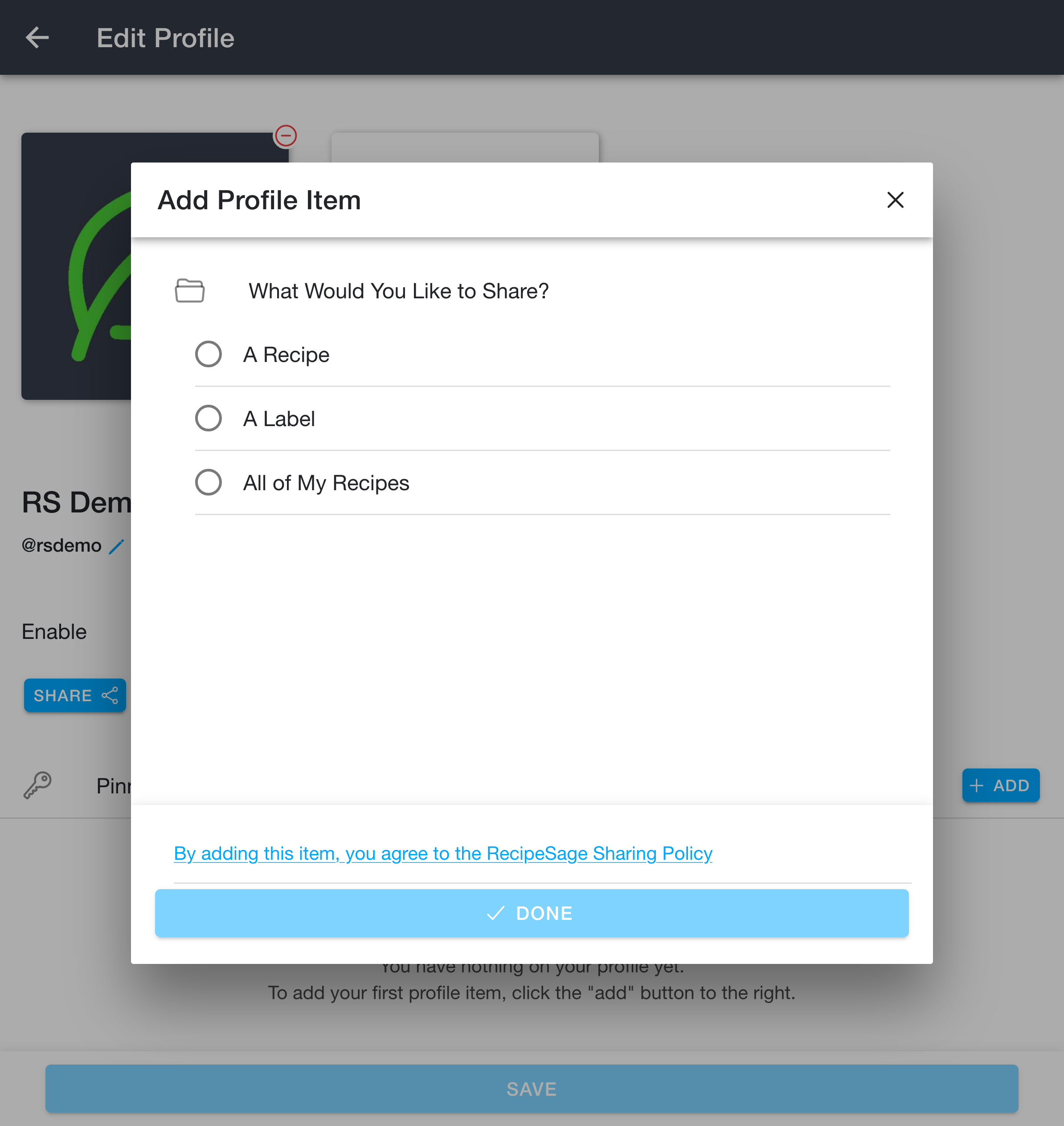 Add profile item, choosing what to share
