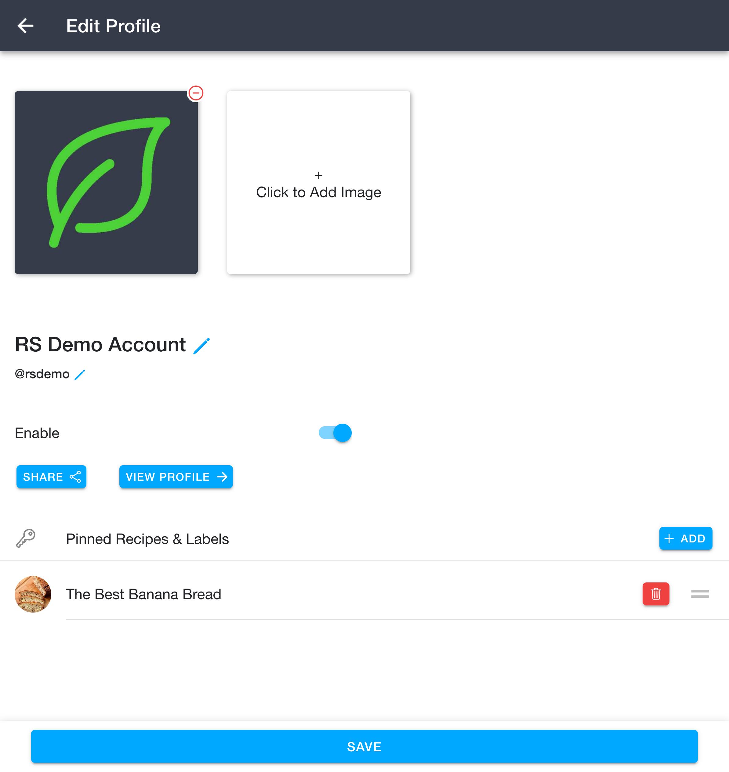 Profile edit page with an item added