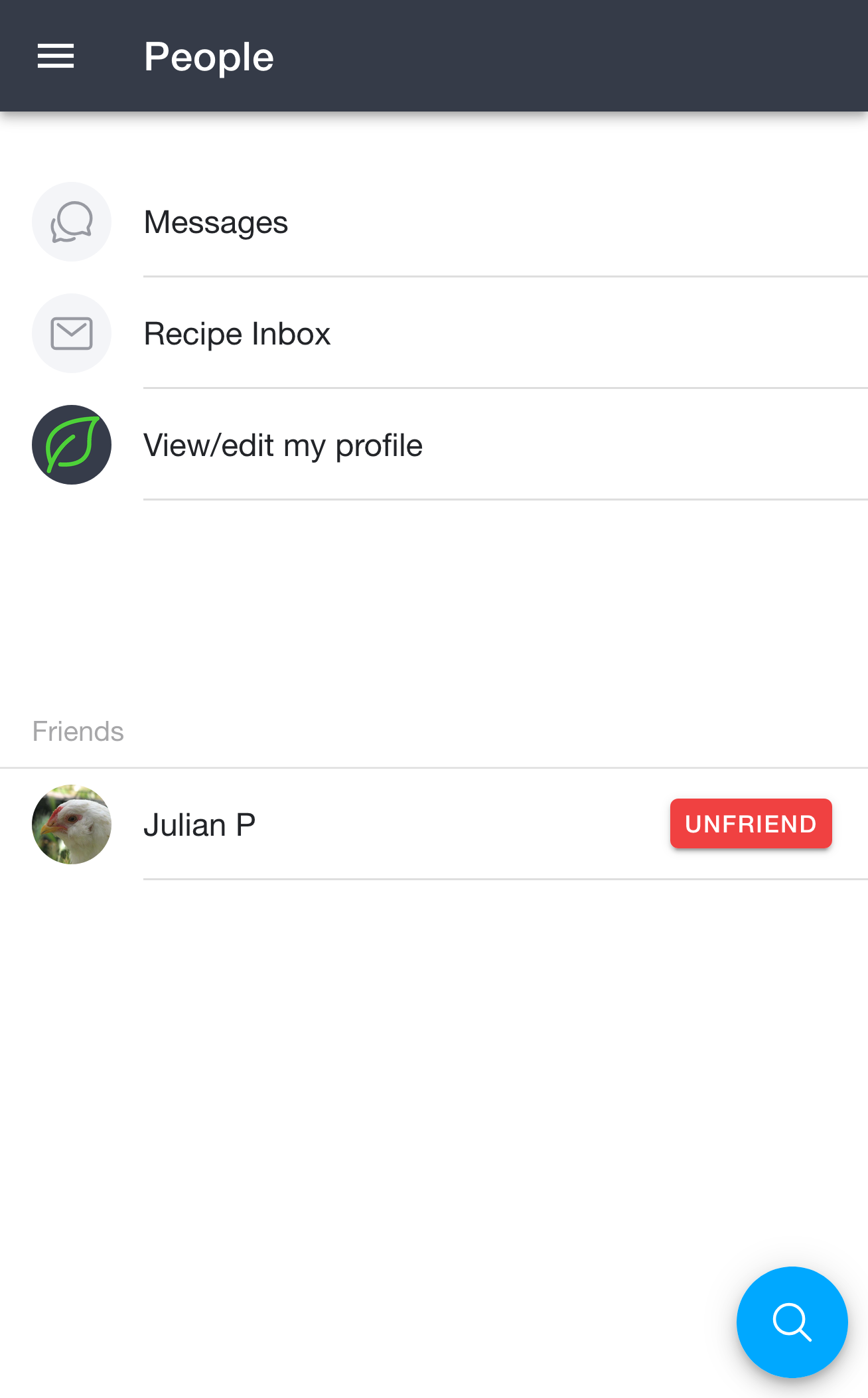 People page showing messages, recipe inbox, and friends