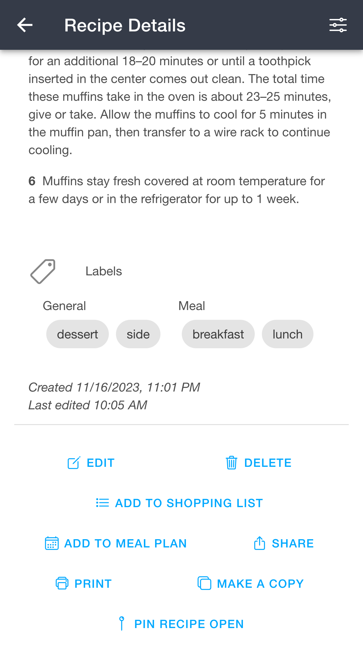 Recipe labels grouped by category