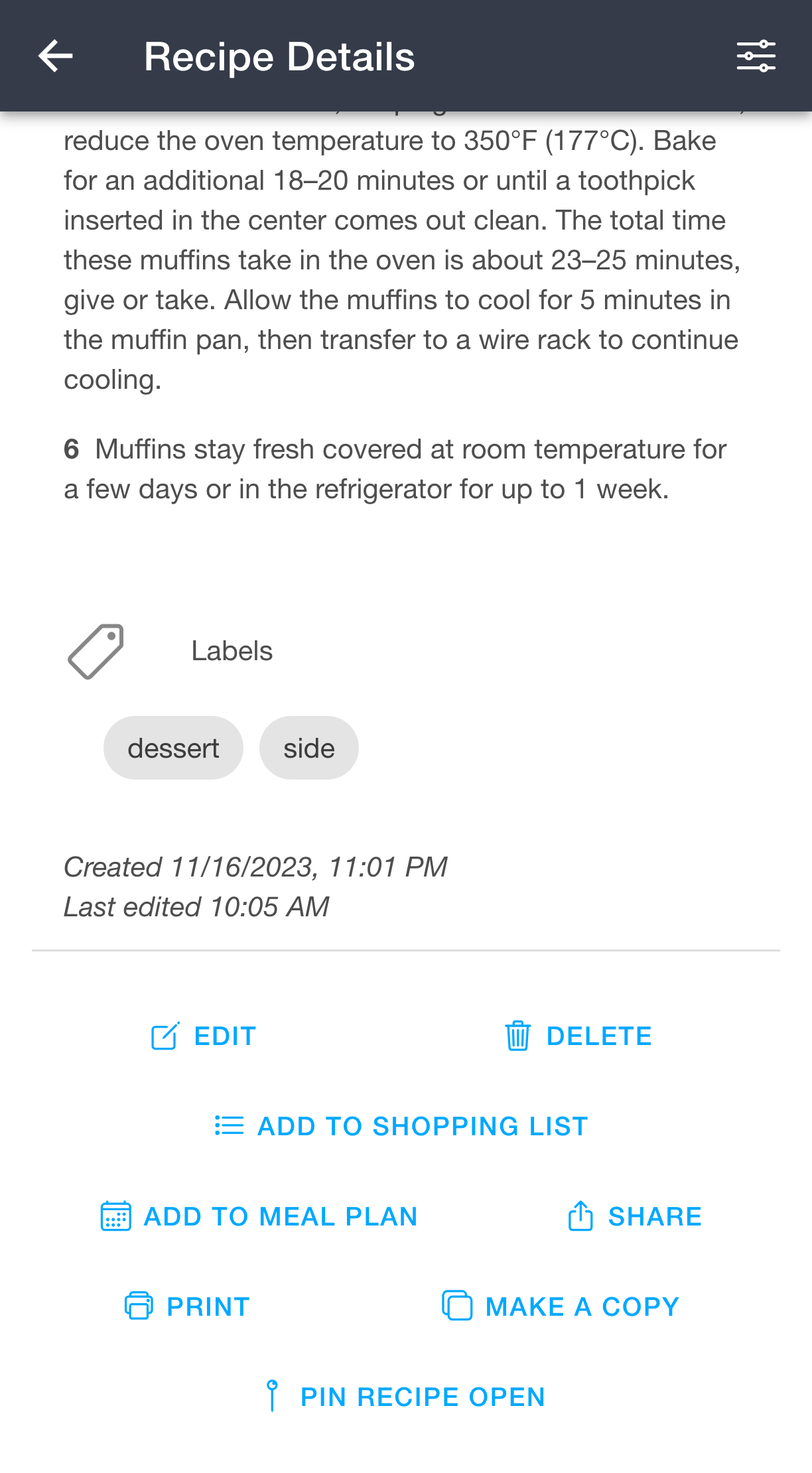 Recipe labels shown on the recipe details page