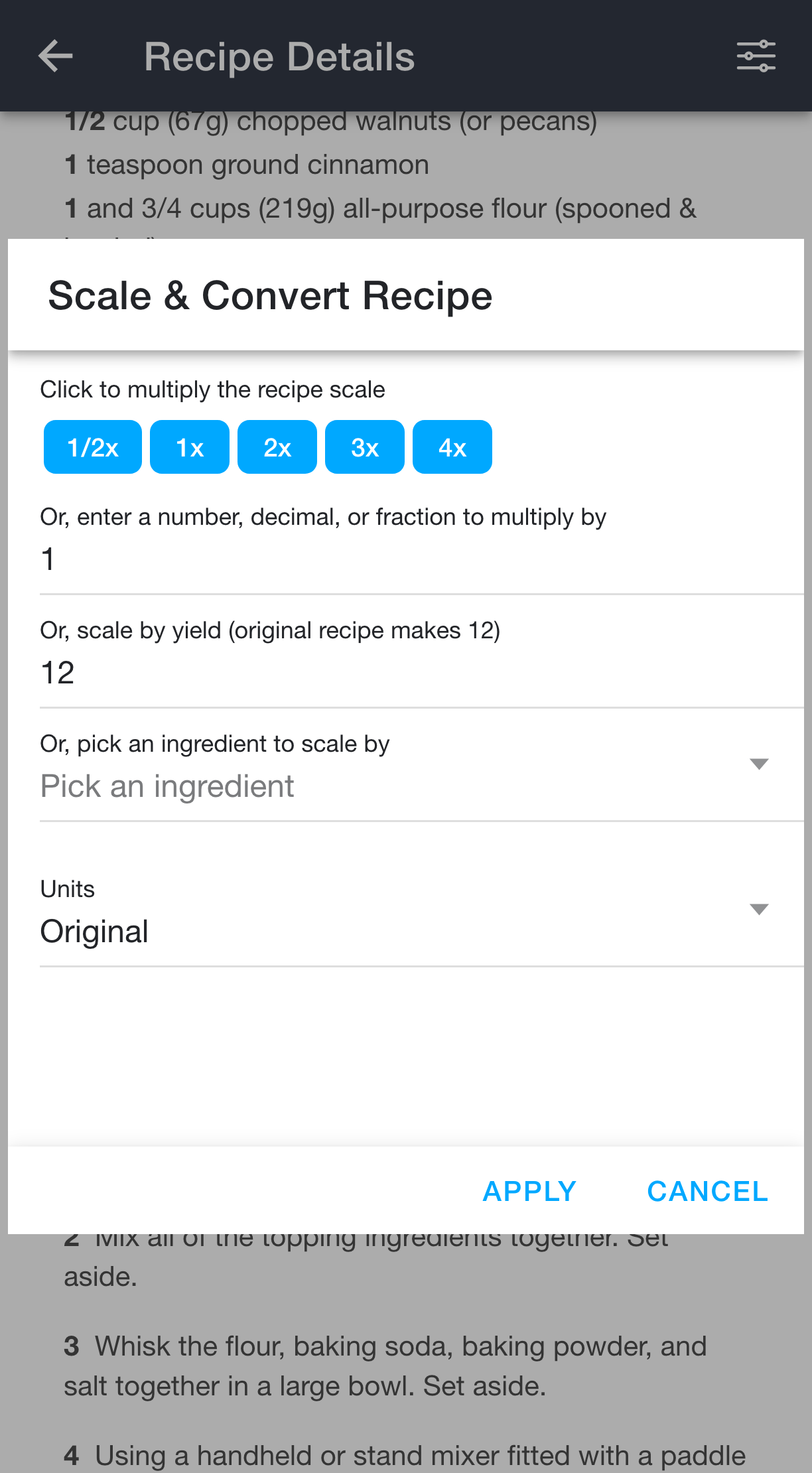 Scale and convert recipe dialog