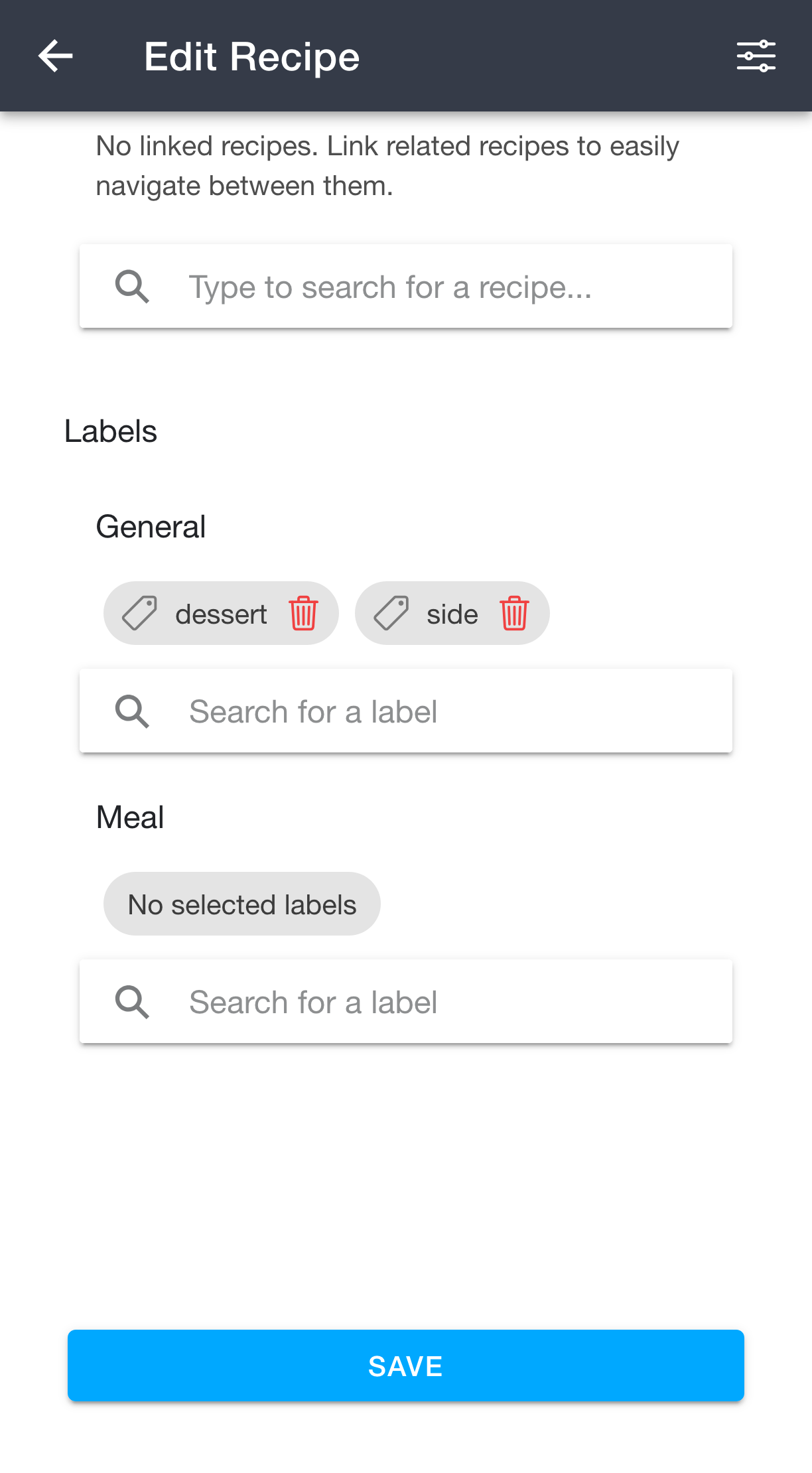 Editing labels on the recipe edit page