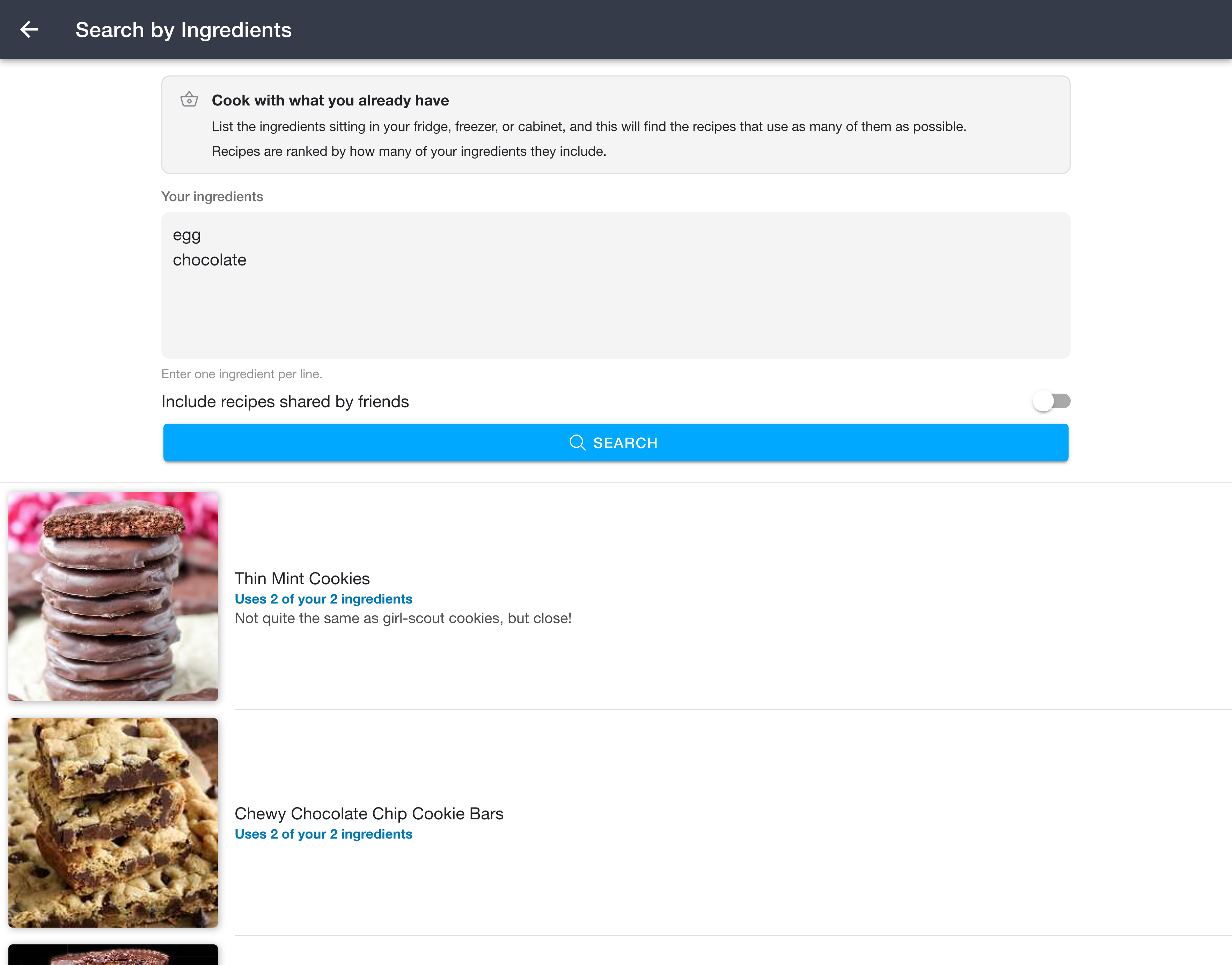 Search by Ingredients with an ingredient list and matching recipe results