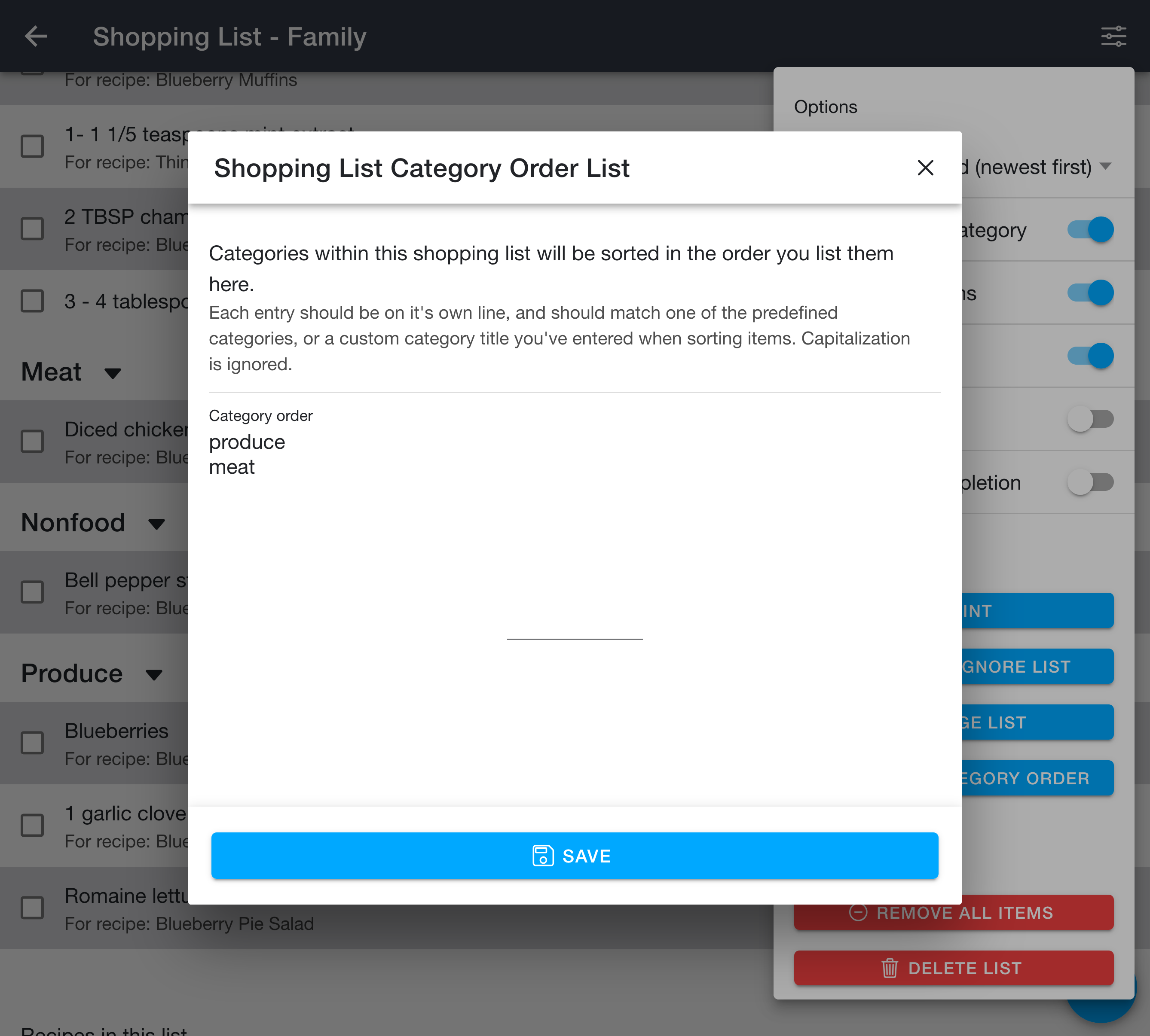 Shopping list category order dialog