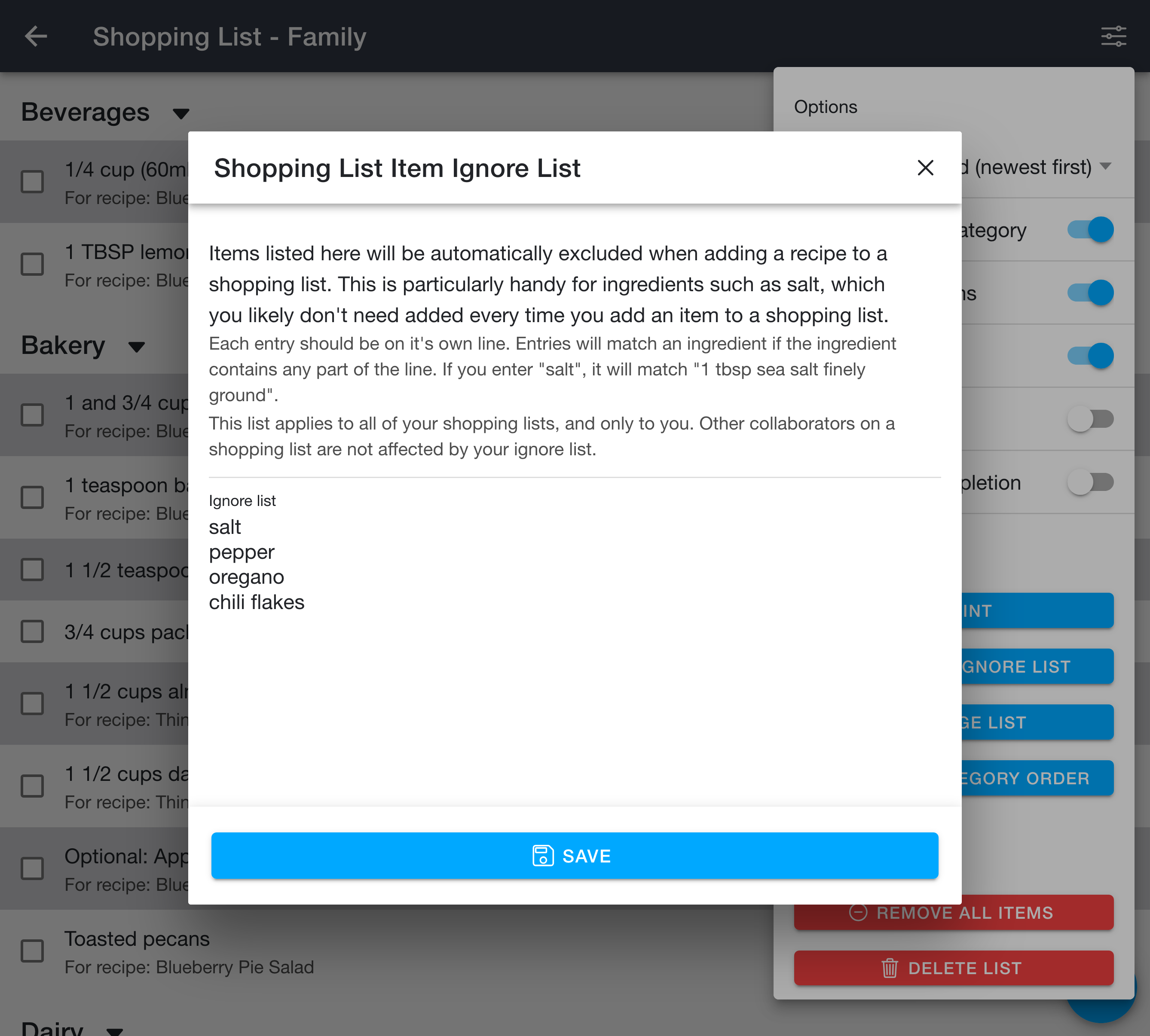 Shopping list item ignore list dialog