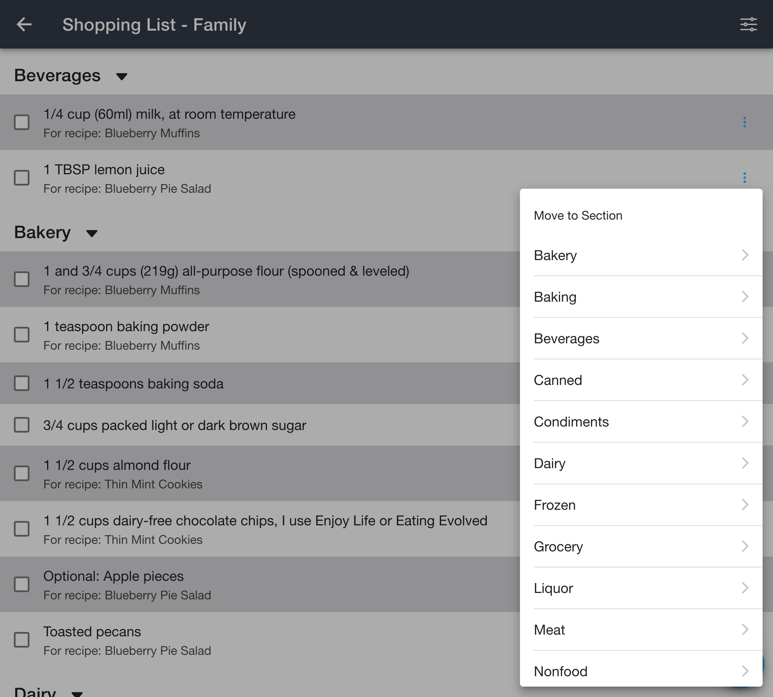 Move to Section menu for a shopping list item