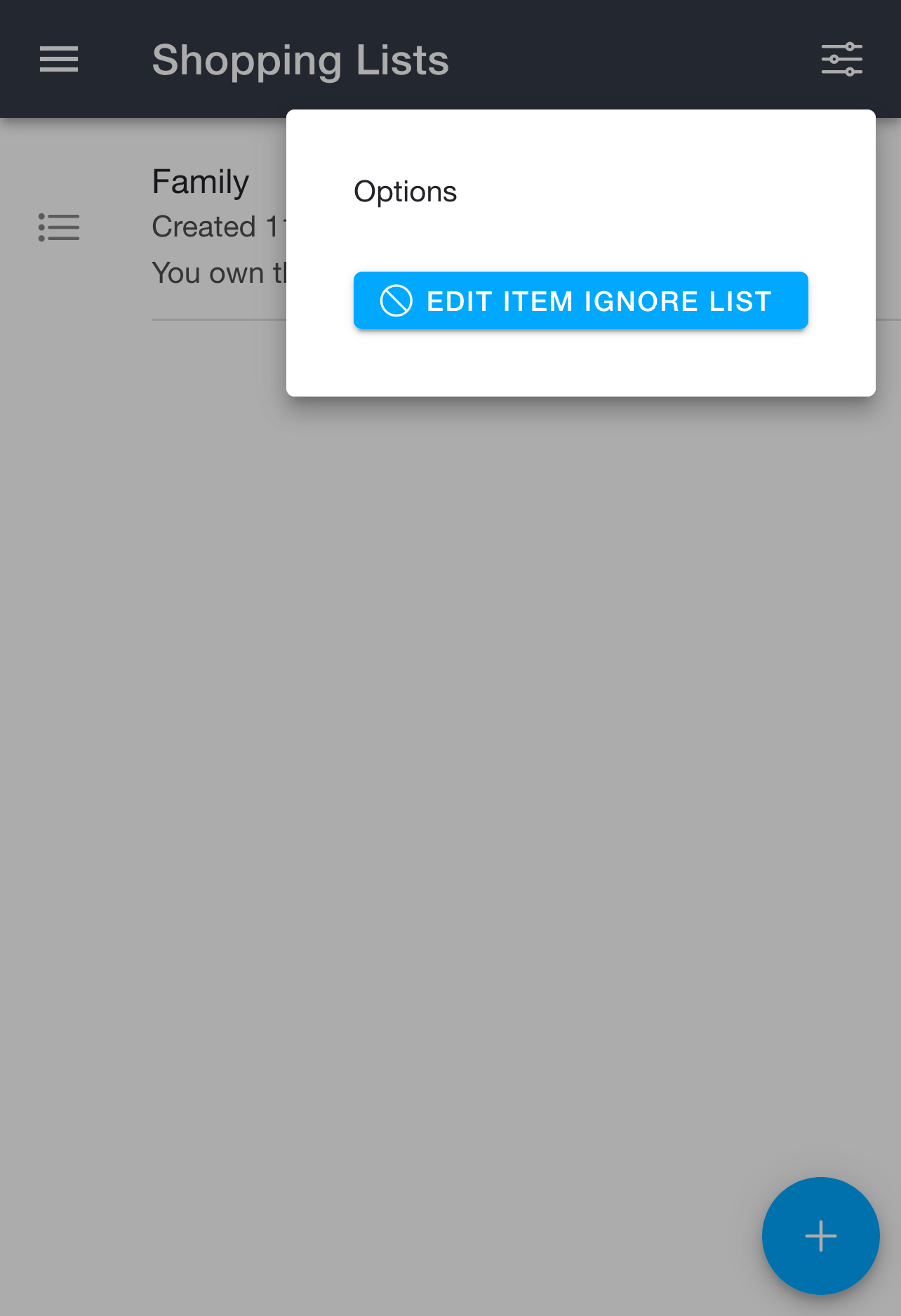 Options menu on the Shopping Lists page