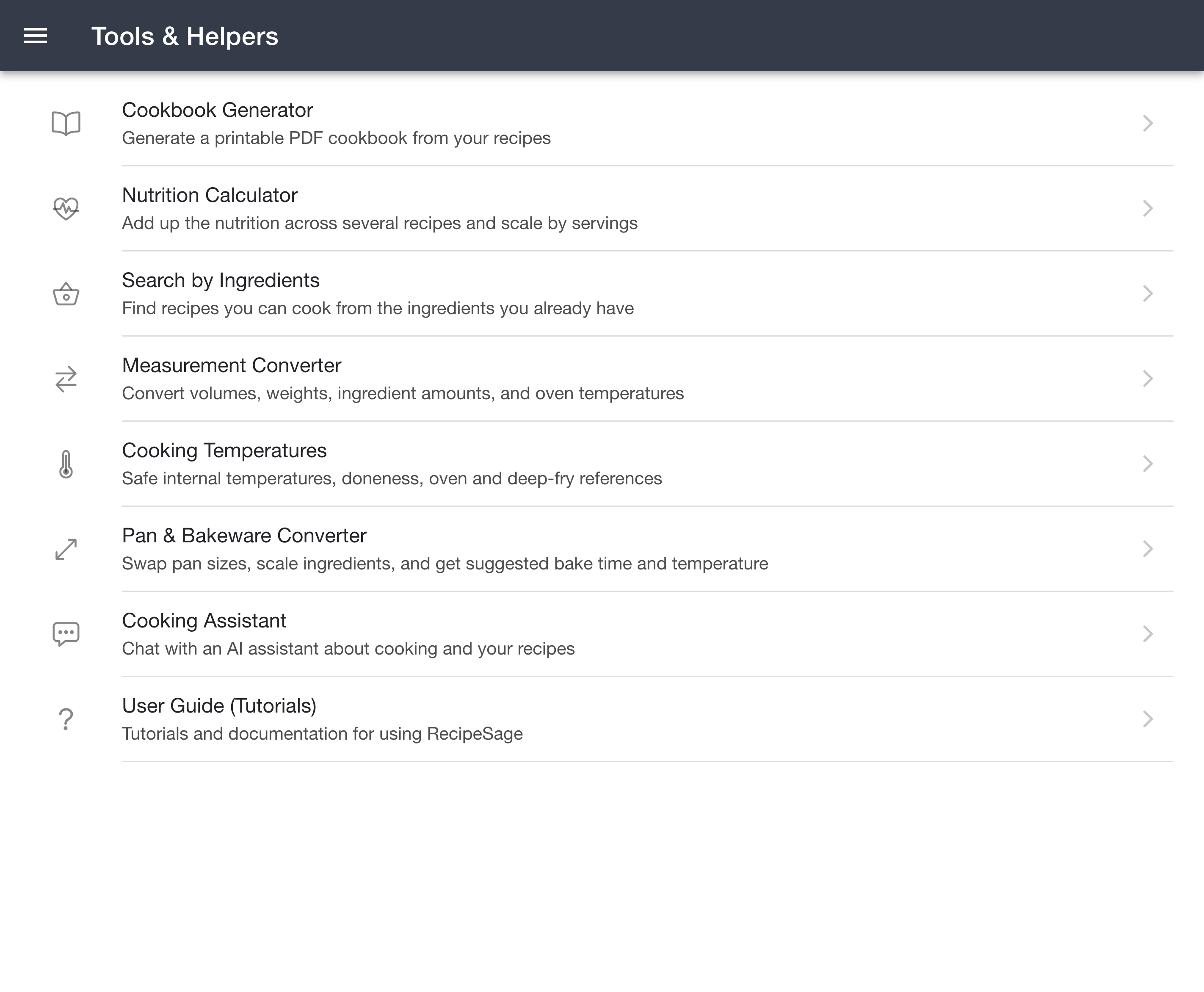 Tools and Helpers page listing the available utilities